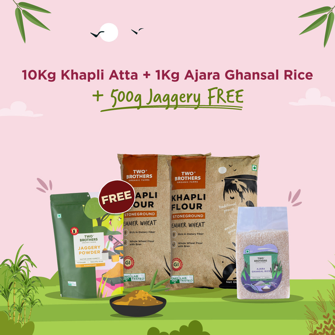 10Kg Khapli Atta + 1Kg Ghansal Rice + 500g Jaggery Crushed Granular Free