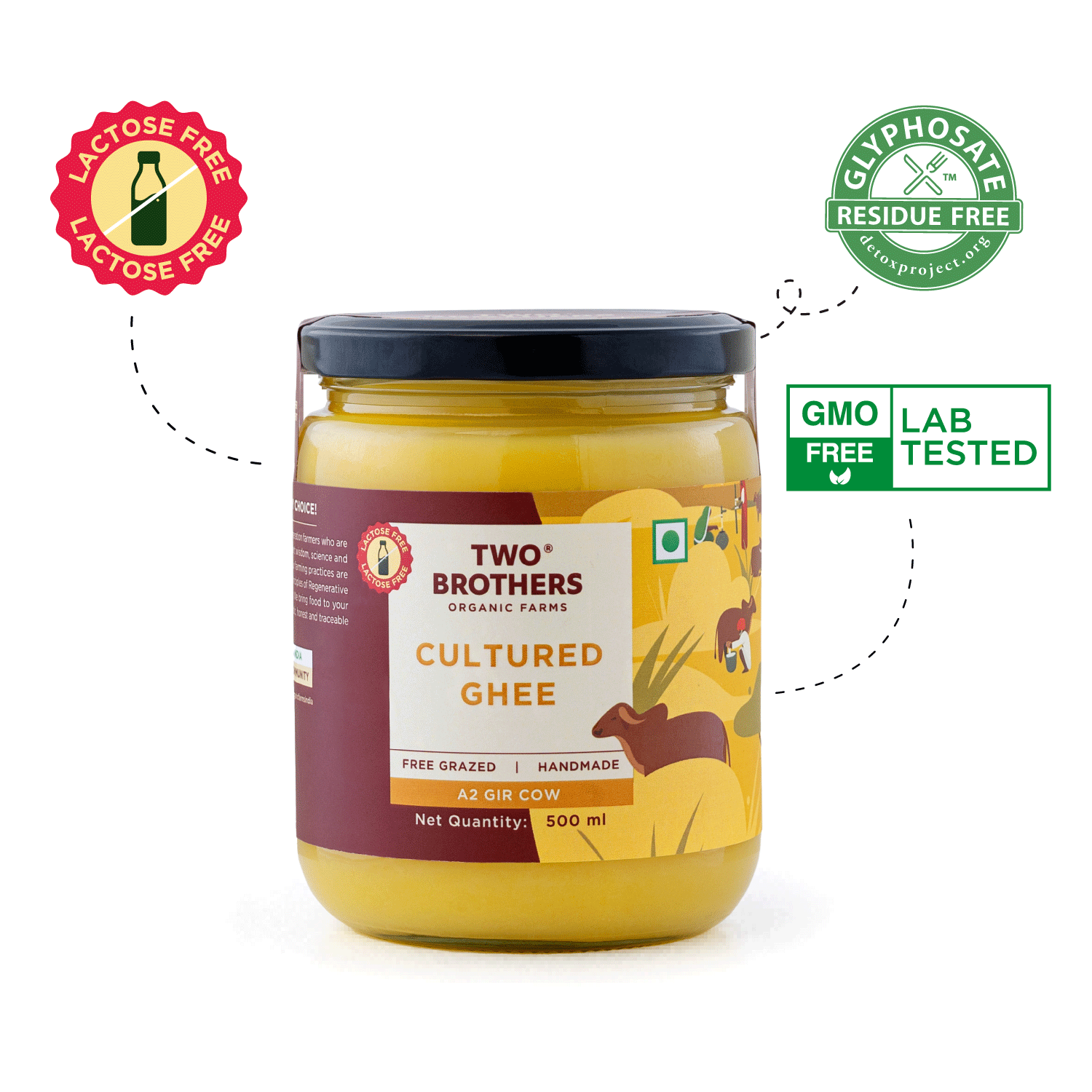 Two Brothers A2 Gir Cow Ghee with Lactose Glyphosate and GMO Free certifications