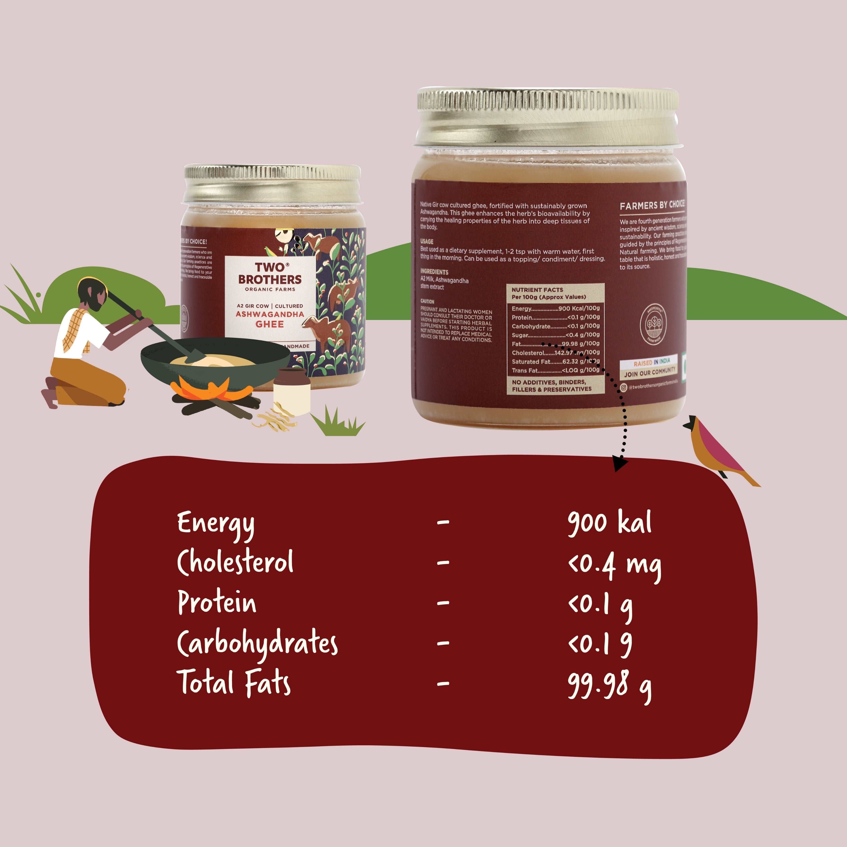Nutritional facts for Two Brothers Ashwagandha Ghee, highlighting 900 kcal energy and 99.98g total fats