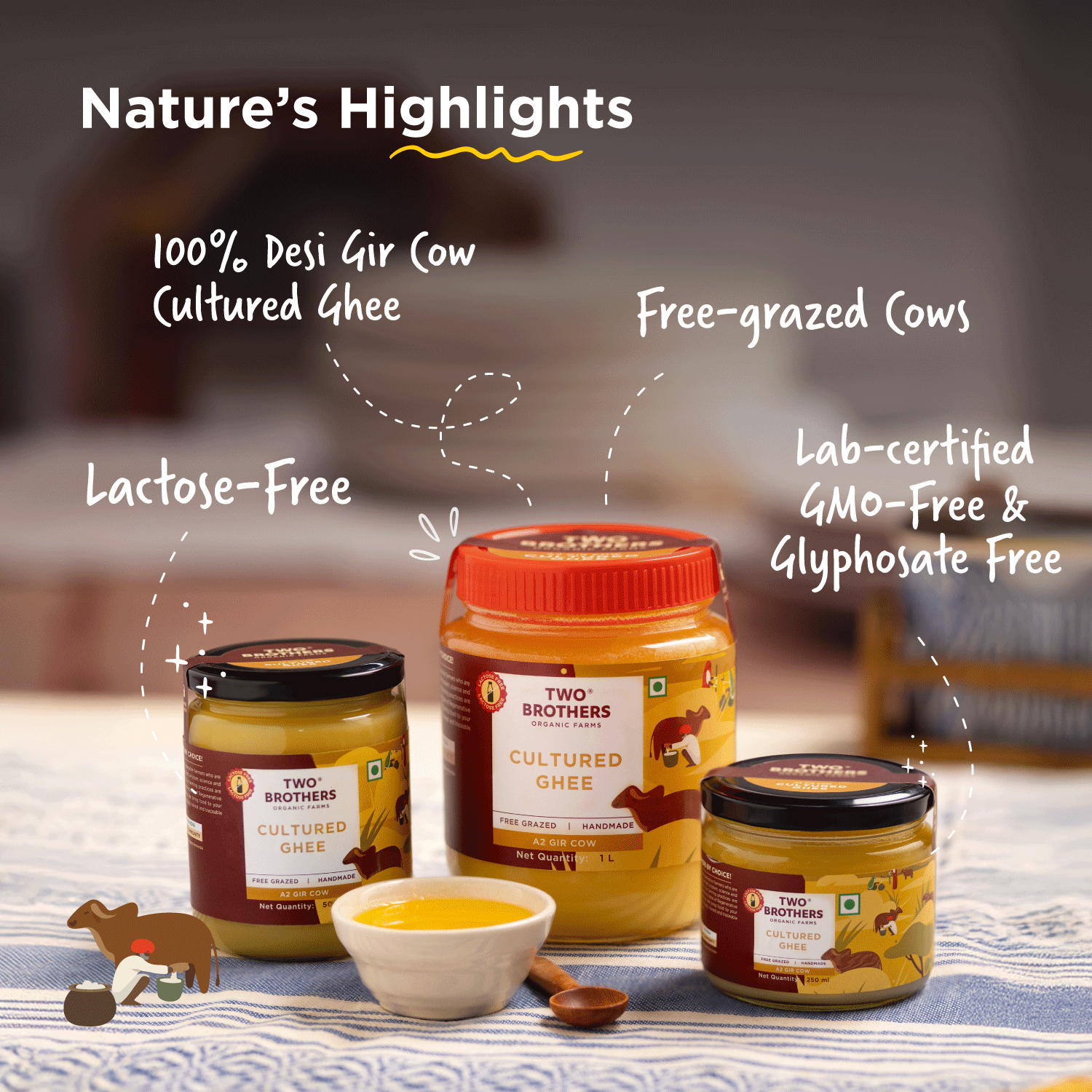 Jars of 'Two Brothers Cultured Ghee' on a table with text highlighting features.