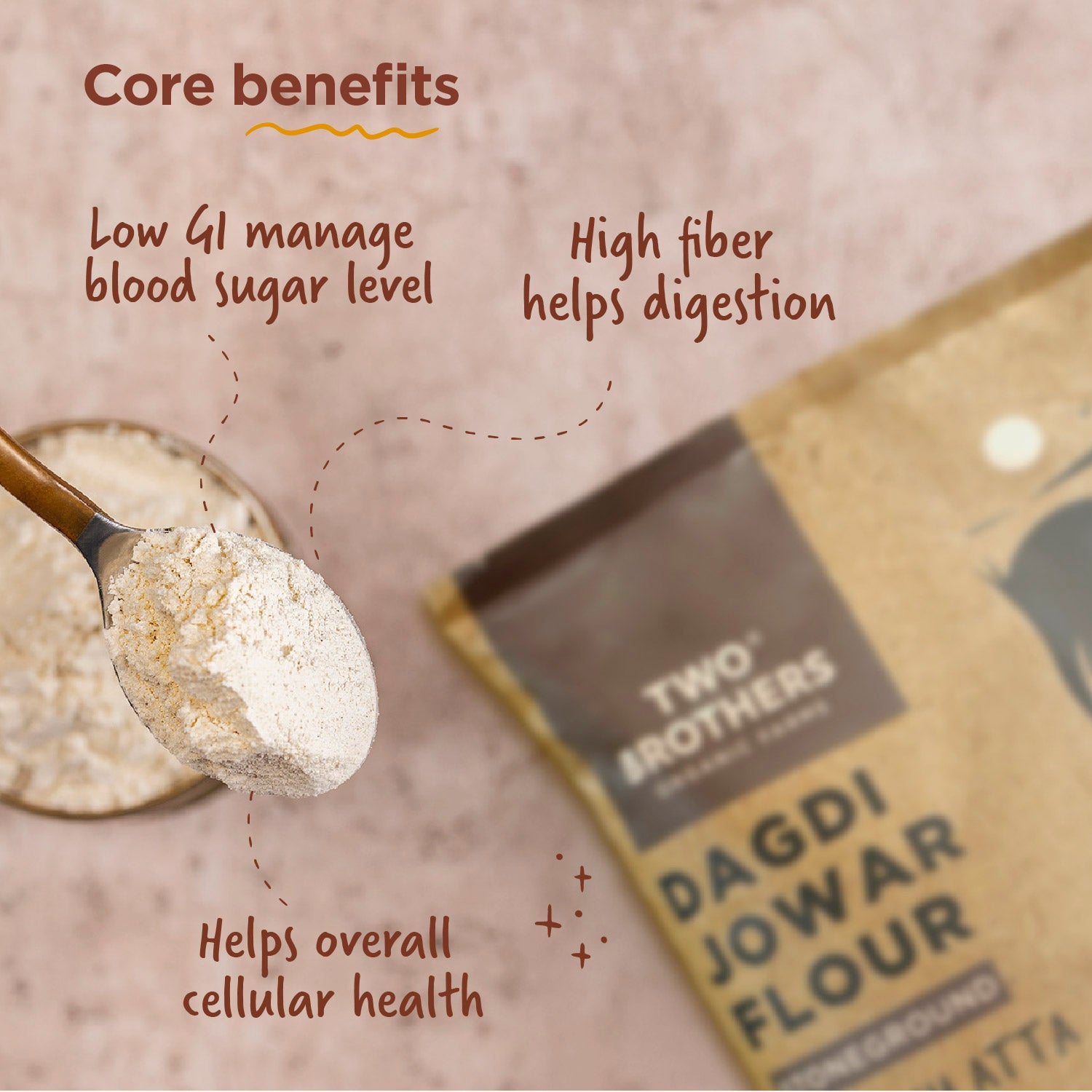 A spoon of Two Brothers Dagdi Jowar Flour with text highlighting low GI, digestion, and cellular health benefits