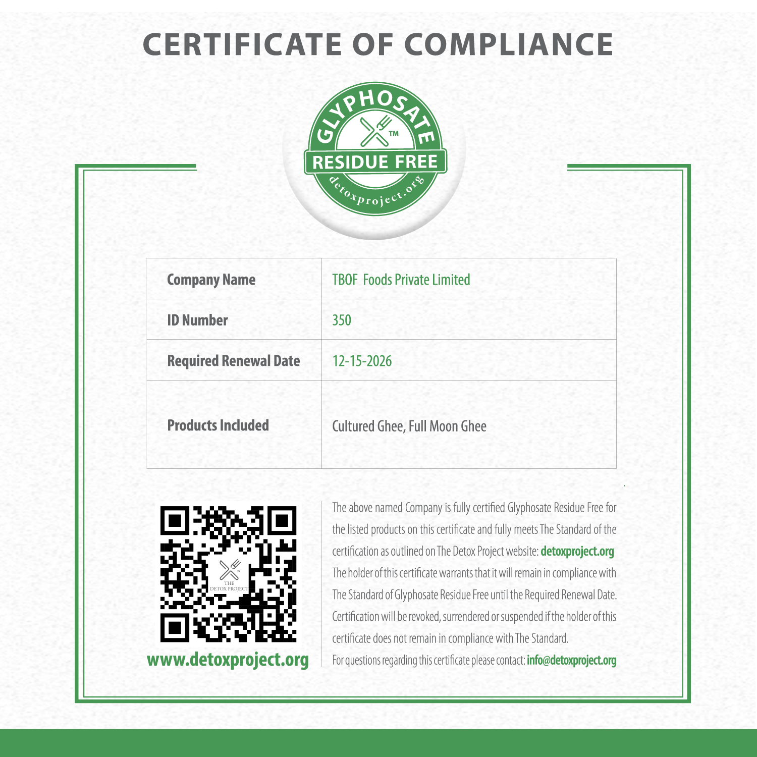 Certificate of Compliance for Glyphosate Residue Free products with Detox Project logo.