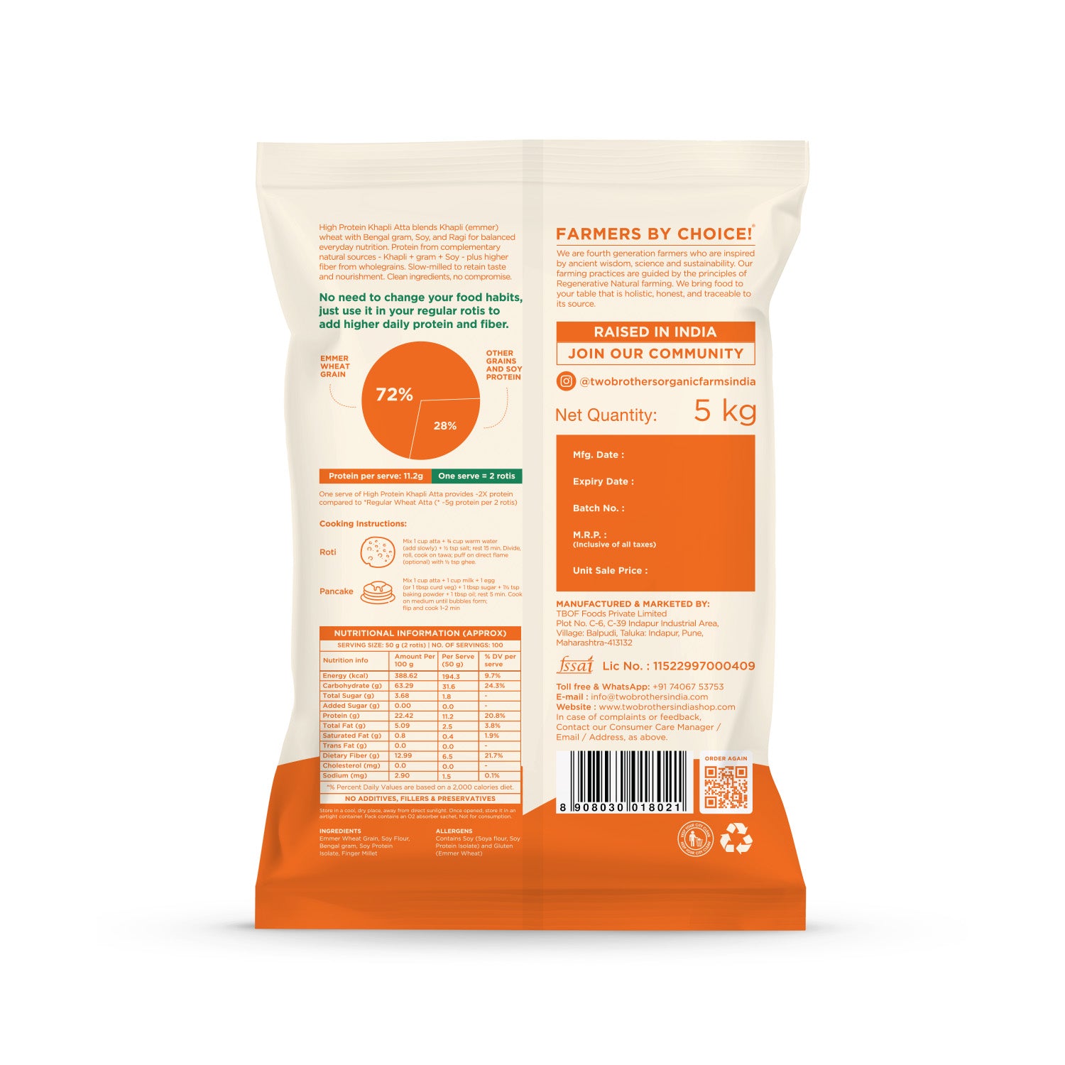 Back label of a 5kg Two Brothers High Protein Khapli Atta pack showing the nutritional values chart.