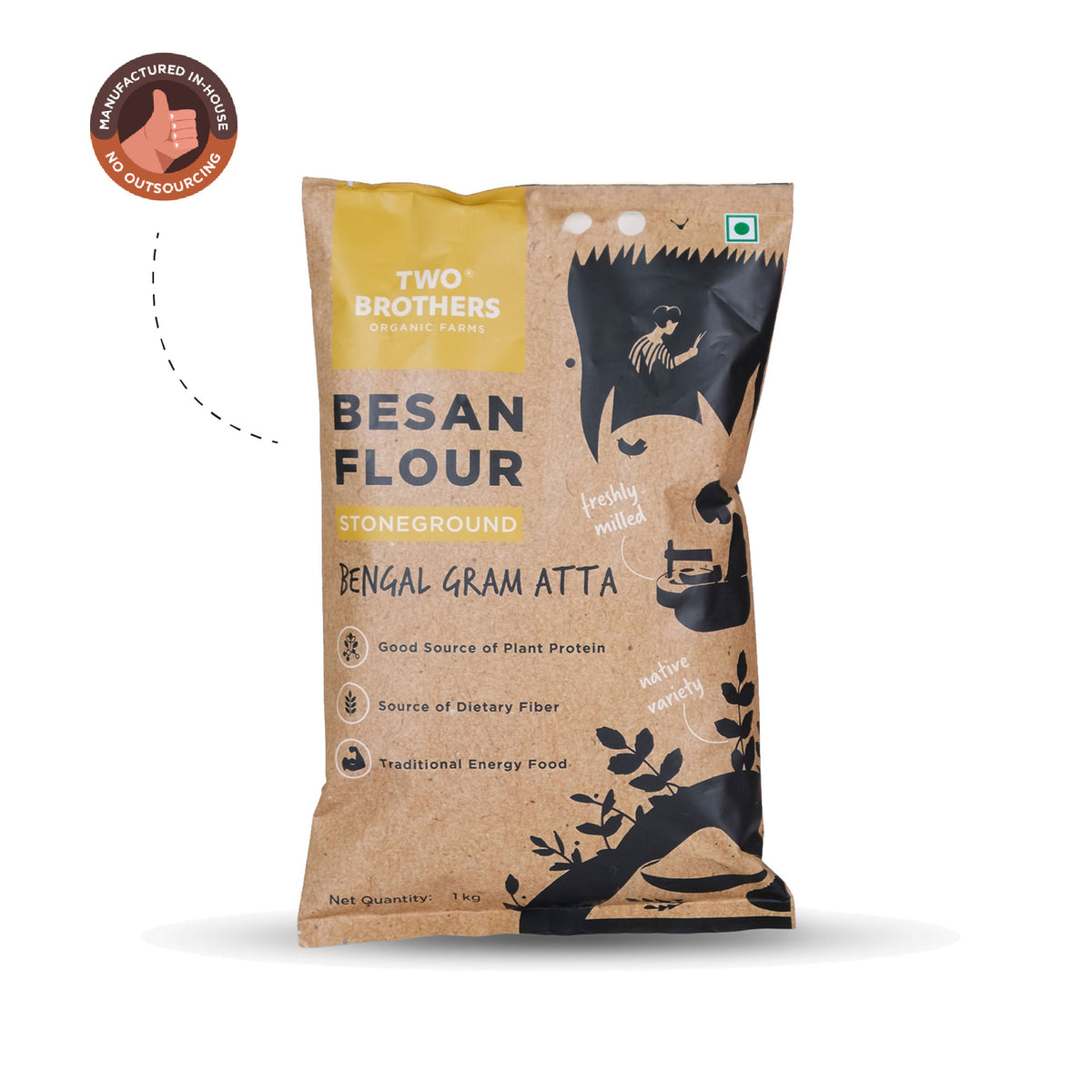 Two Brothers Organic Farms 1kg stoneground chana besan flour bag showing an in-house production badge