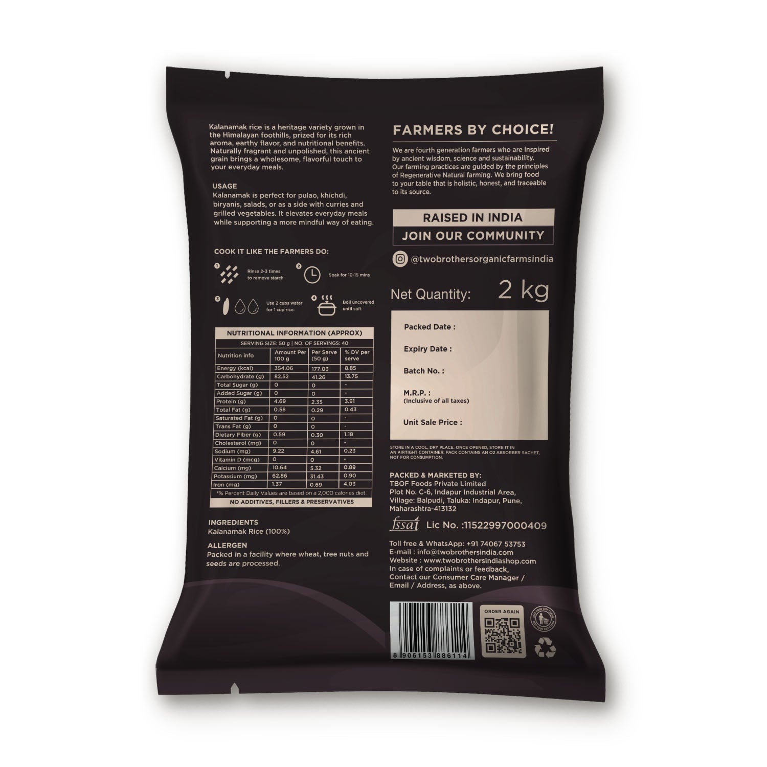 Nutritional label and ingredient information on the back of the Two Brothers Low GI Kalanamak Rice 2kg packet.