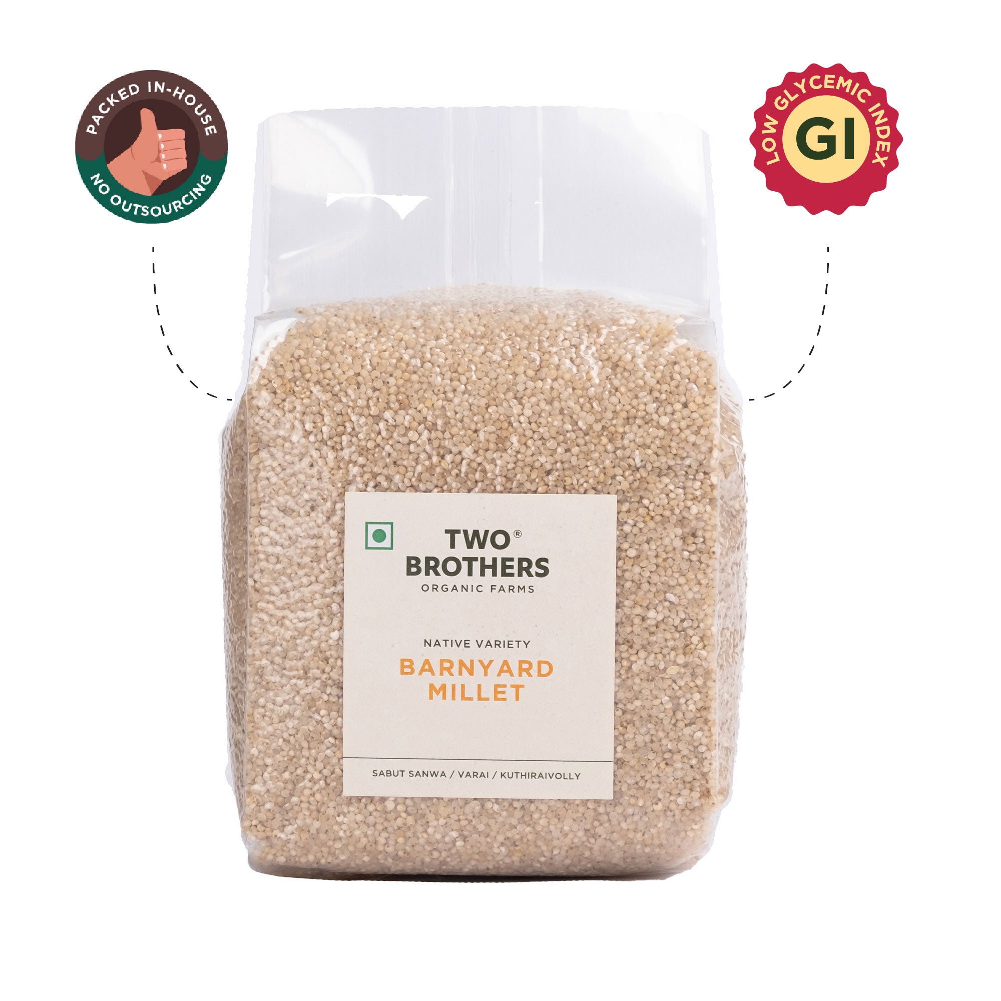 Transparent pack of Two Brothers Barnyard Millet displaying raw unpolished grains with a low glycemic index callout graphic.
