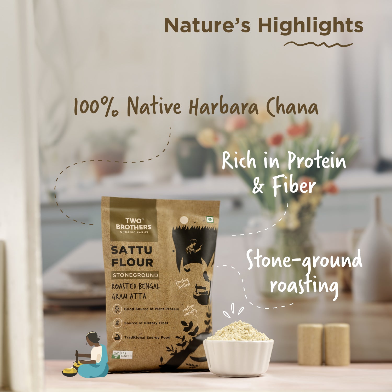 Two Brothers Sattu Flour pack made from 100% Native Harbara Chana with a small bowl of roasted powder