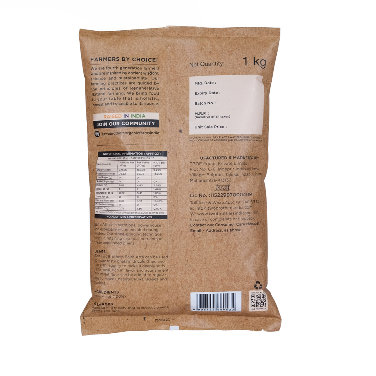 Back view of Two Brothers 1kg Bajra Atta packaging showing detailed ingredient lists and nutritional tables