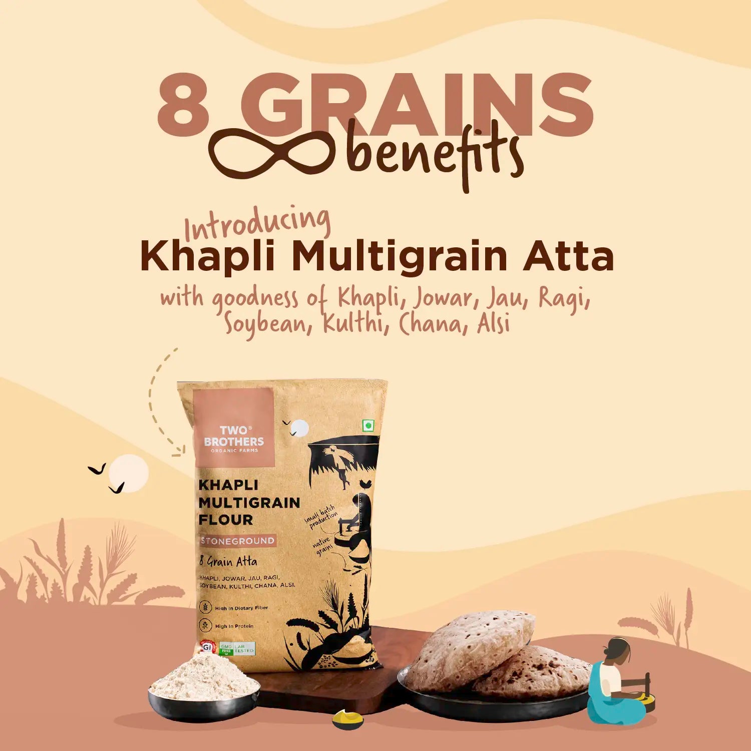 Introduction graphic for Two Brothers 8 Grain Khapli Multigrain Atta, listing native nutritional ingredients