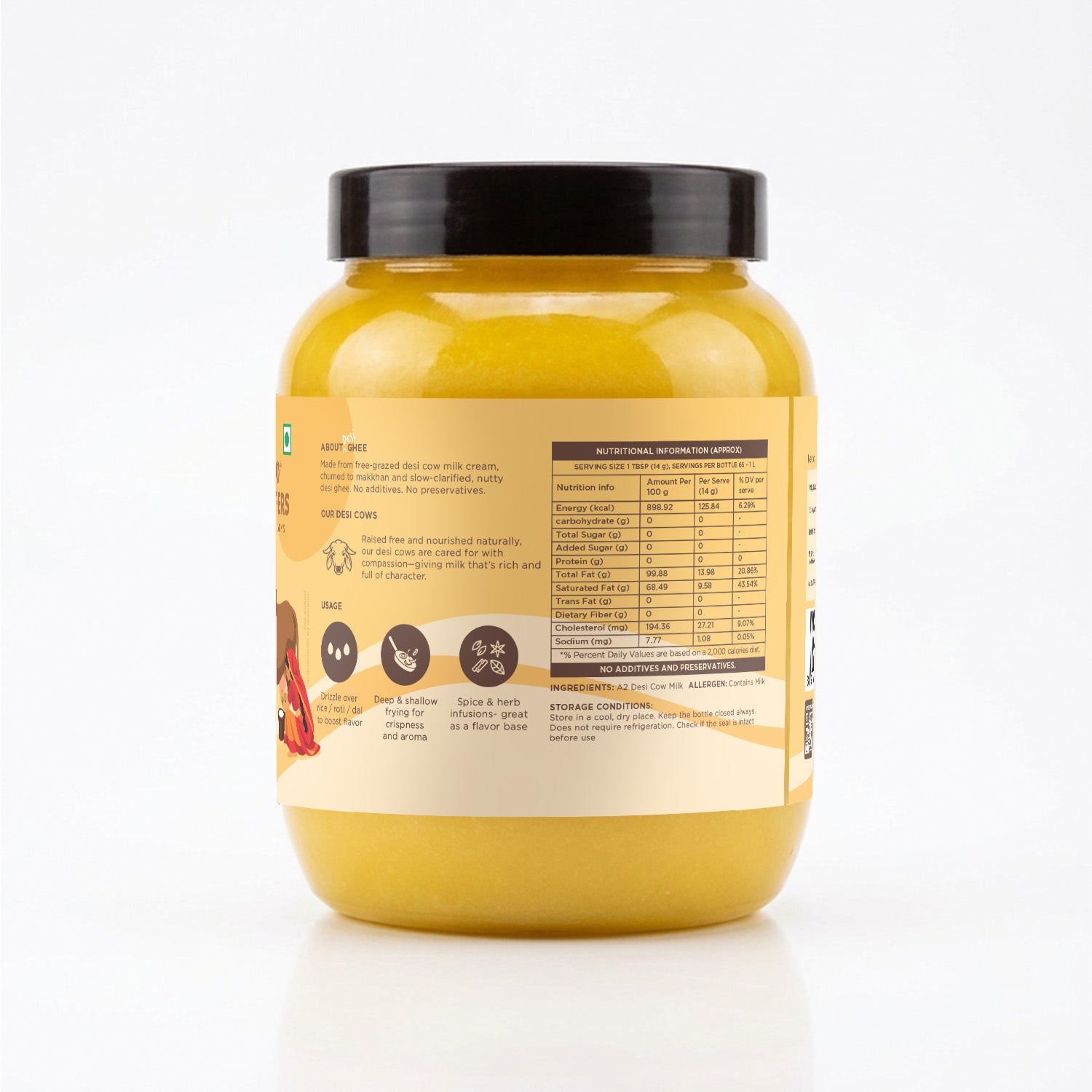 Back label of a 1-litre jar of Two Brothers A2 Desi Ghee showing the nutritional facts and ingredient details