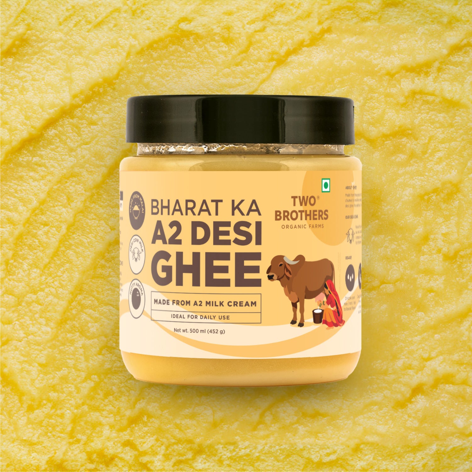 A 500ml jar of Two Brothers Organic Farms Bharat Ka A2 Desi Ghee made from A2 milk cream for daily use