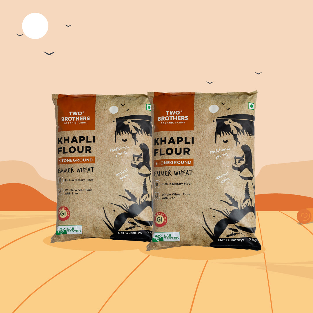 Two bags of Two Brothers Organic Farms Stoneground Khapli Wheat Flour