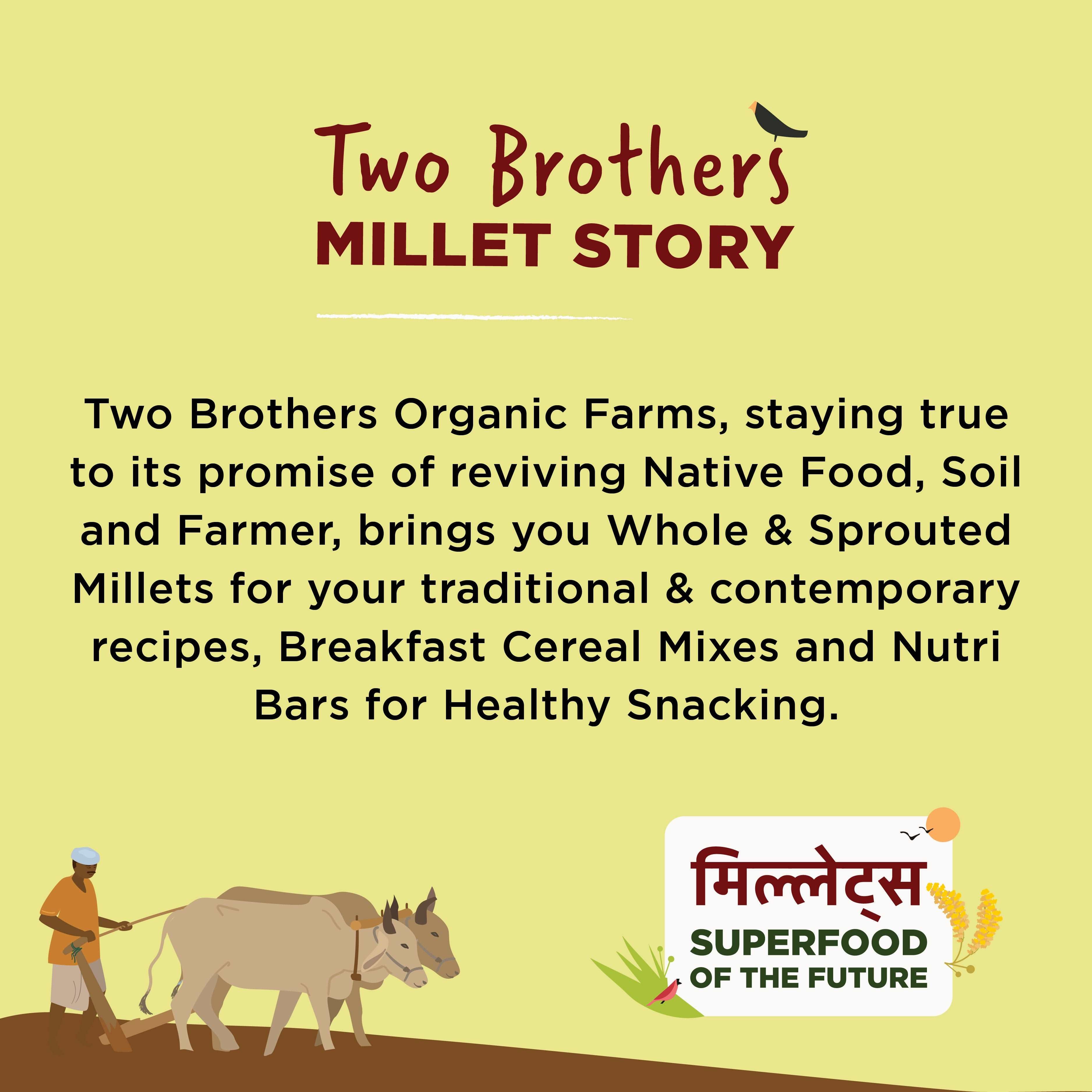 Brand philosophy graphic for Two Brothers Organic Farms highlighting sprouted millets as a superfood for breakfast cereals and healthy snacks.