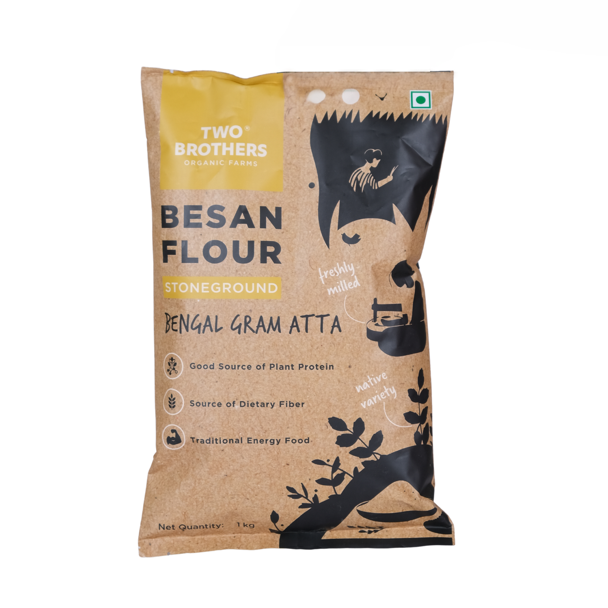 Two Brothers Organic Farms freshly milled besan bengal gram flour 1kg front packaging view