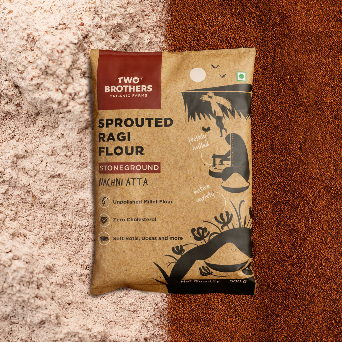 500g pack of Two Brothers Stoneground Sprouted Nachni Atta, an unpolished millet flour with zero cholesterol
