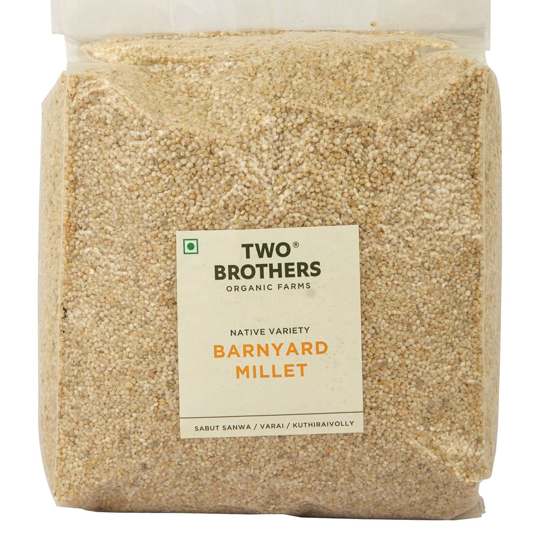 Front view of Two Brothers Barnyard Millet pack displaying raw unpolished millet grains on a white background.