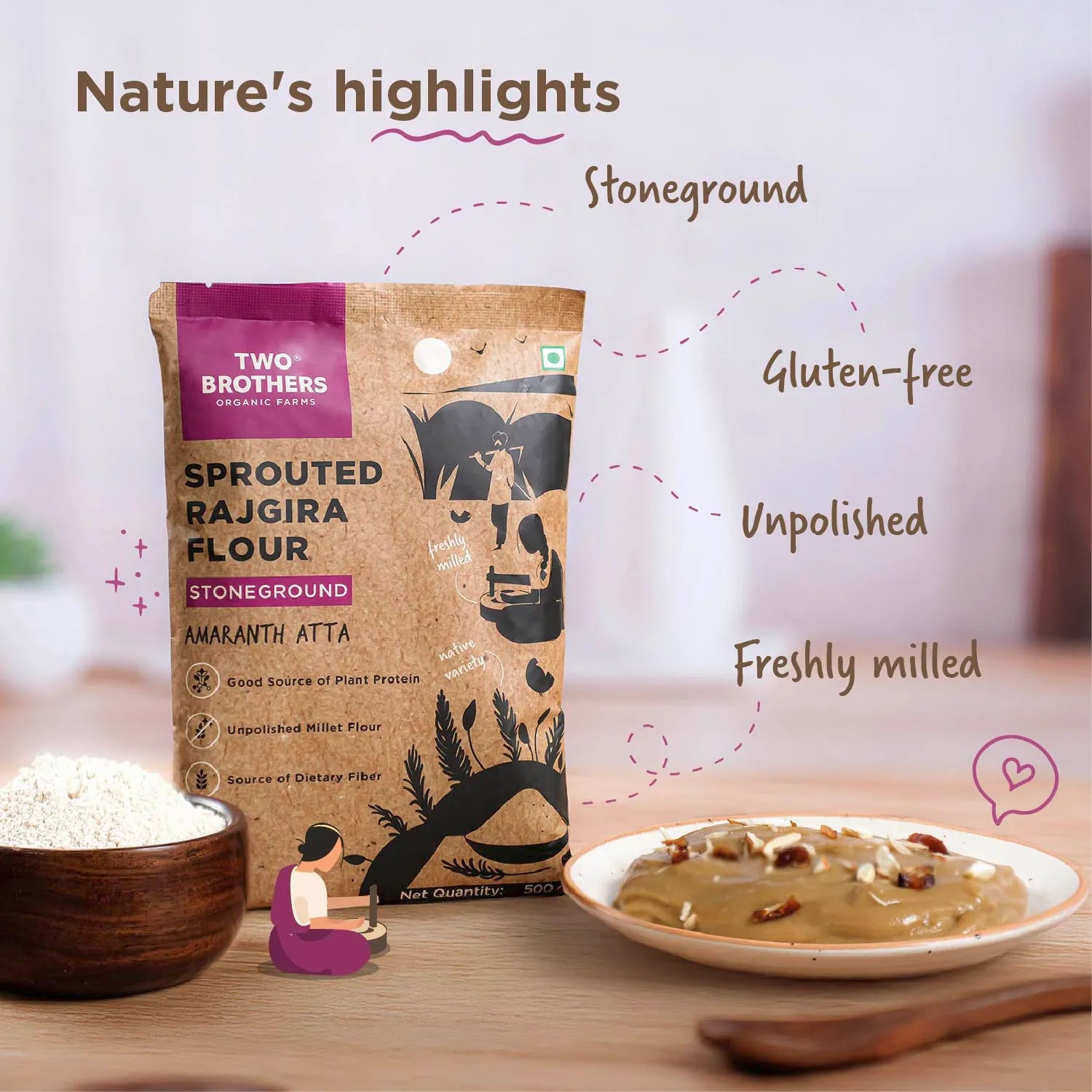 Infographic for Two Brothers Sprouted Amaranth Atta highlighting gluten free, unpolished, and stoneground features