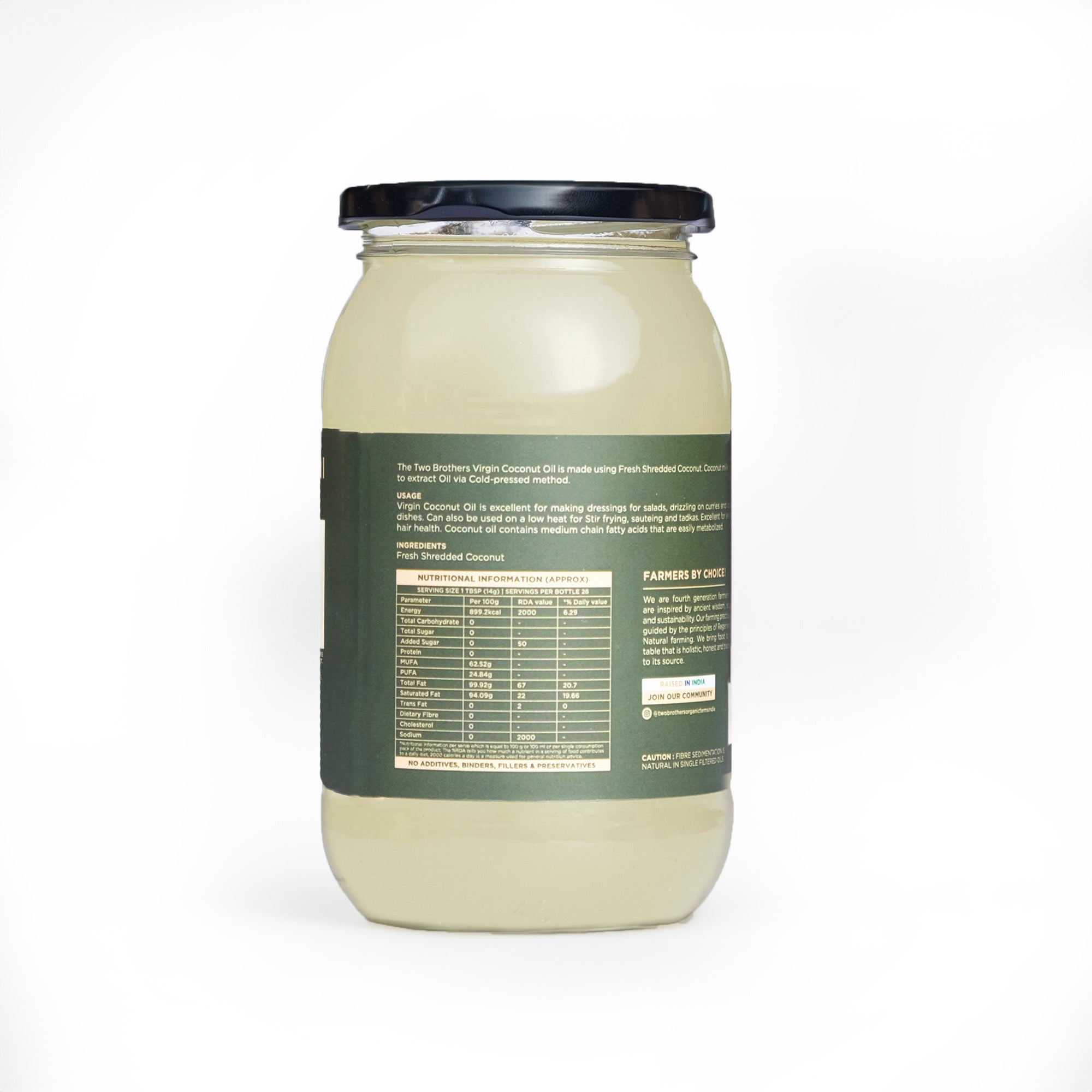 The back label of Two Brothers Virgin Coconut Oil jar showing the nutritional information chart and ingredients panel.