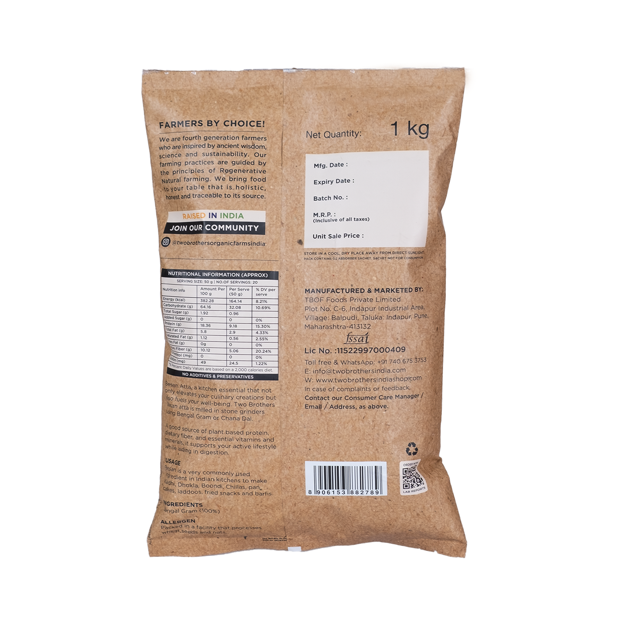 Two Brothers Organic Farms chana besan flour 1kg back of bag packaging details and label specifications