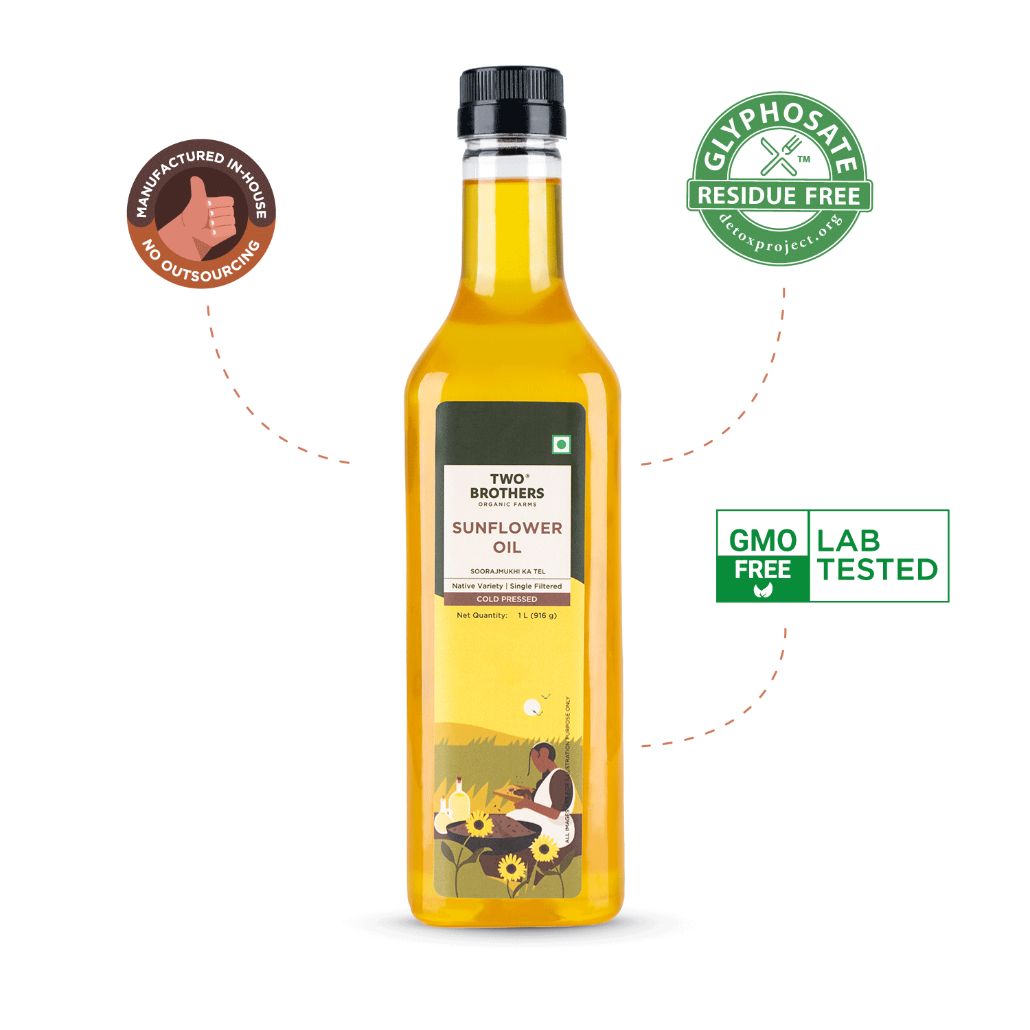 Bottle of sunflower oil with labels indicating 'GMO Free', 'Lab Tested', and 'Glyphosate Residue Free'.
