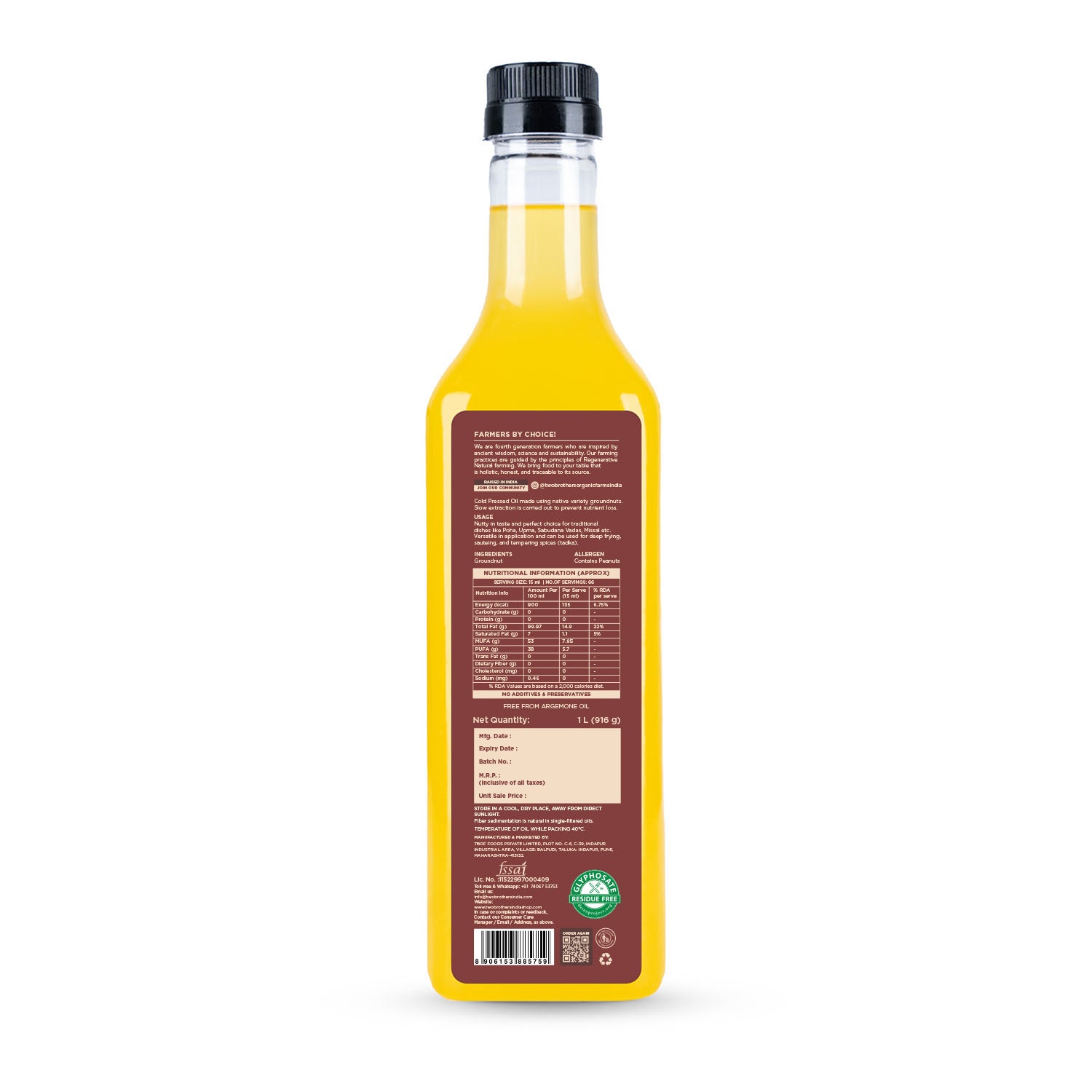 Groundnut Oil, Cold-Pressed, Single-filtered