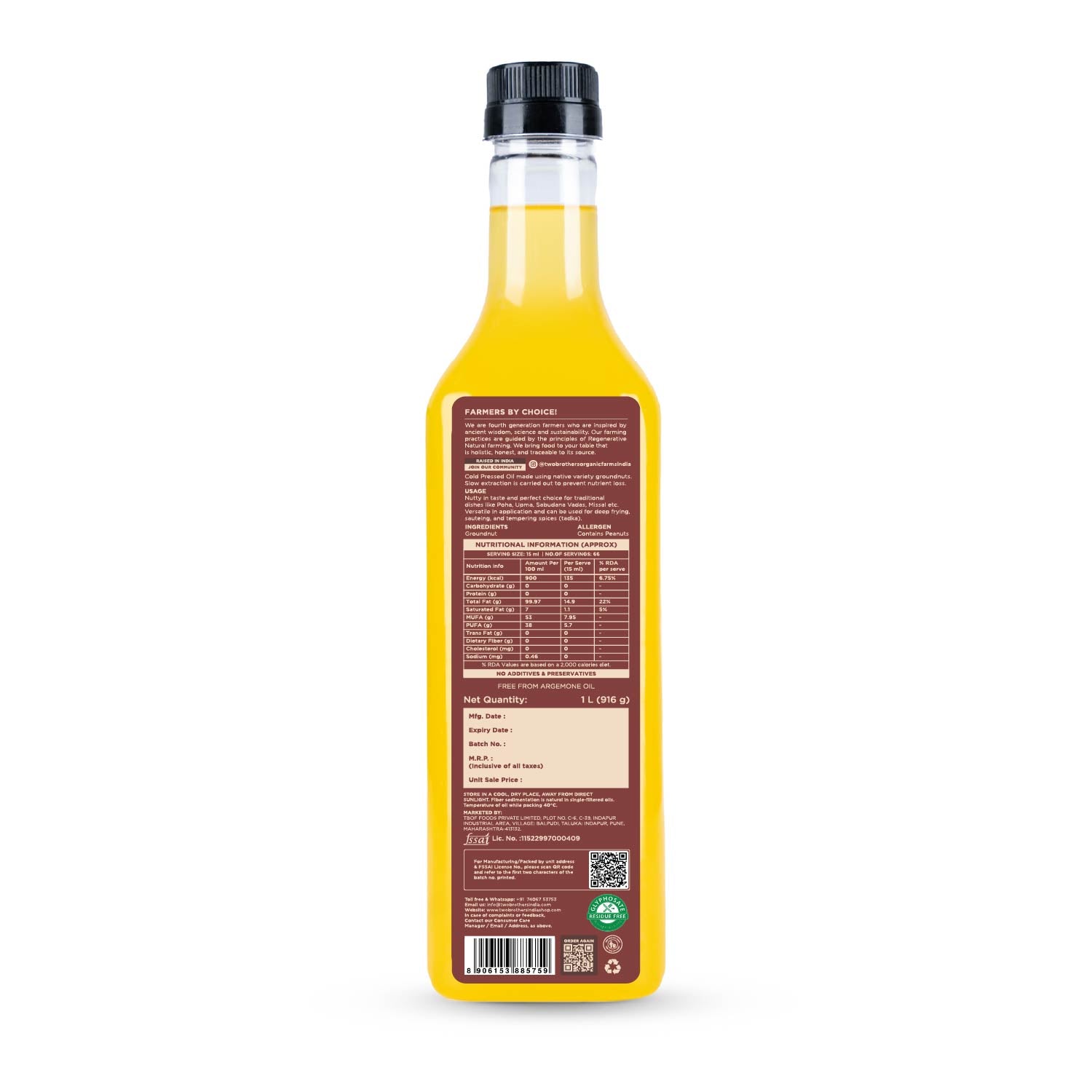 Groundnut Oil, Cold-Pressed, Single-filtered