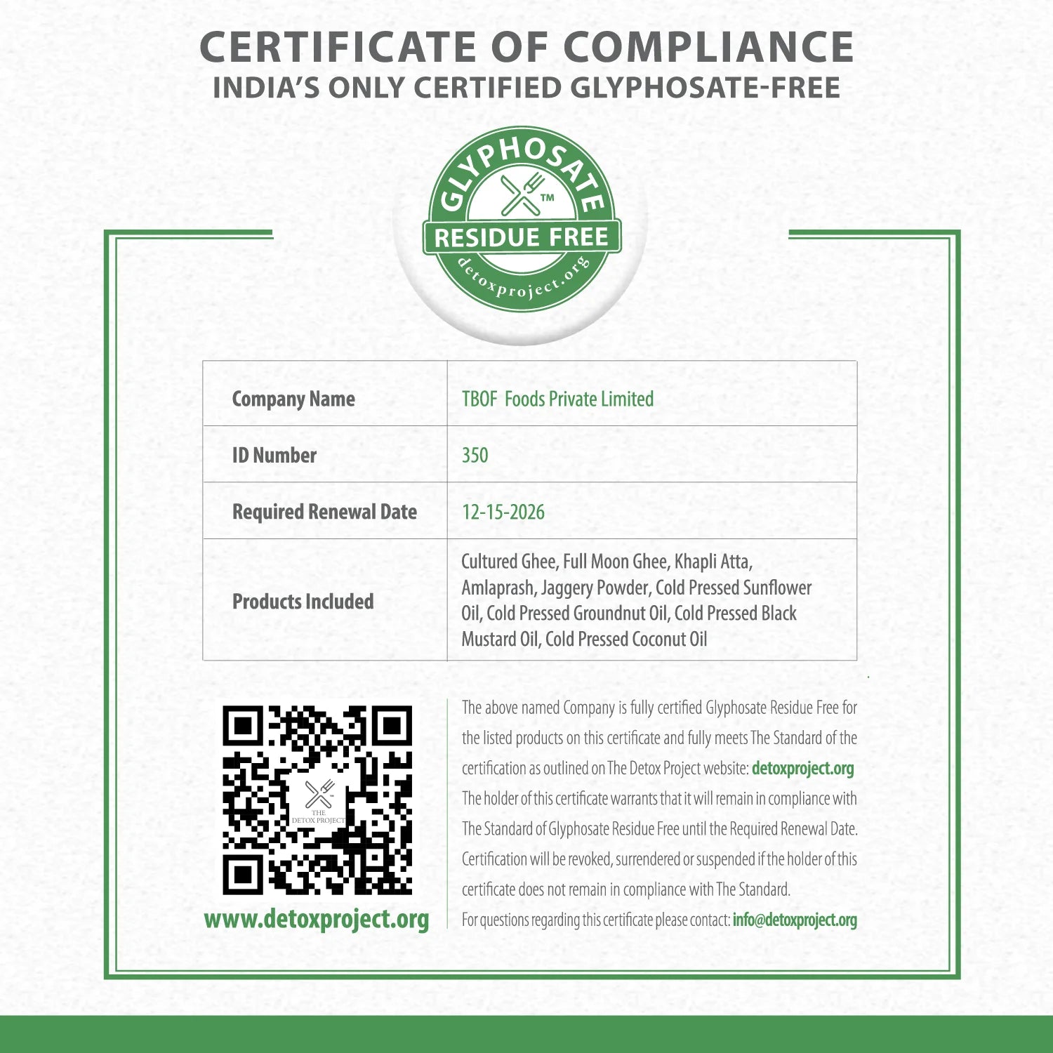 Official Detox Project Certificate of Compliance verifying Two Brothers cold-pressed coconut oil is Glyphosate-Free.