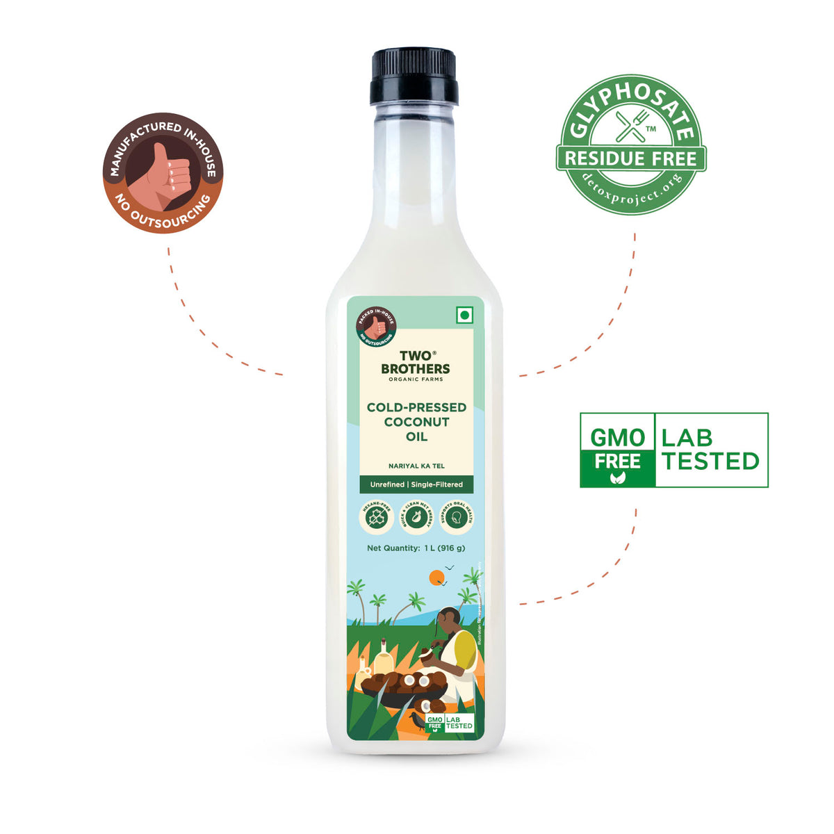 Two Brothers cold-pressed coconut oil 1L bottle with Glyphosate Residue Free, GMO Free, and In-House Manufactured badges