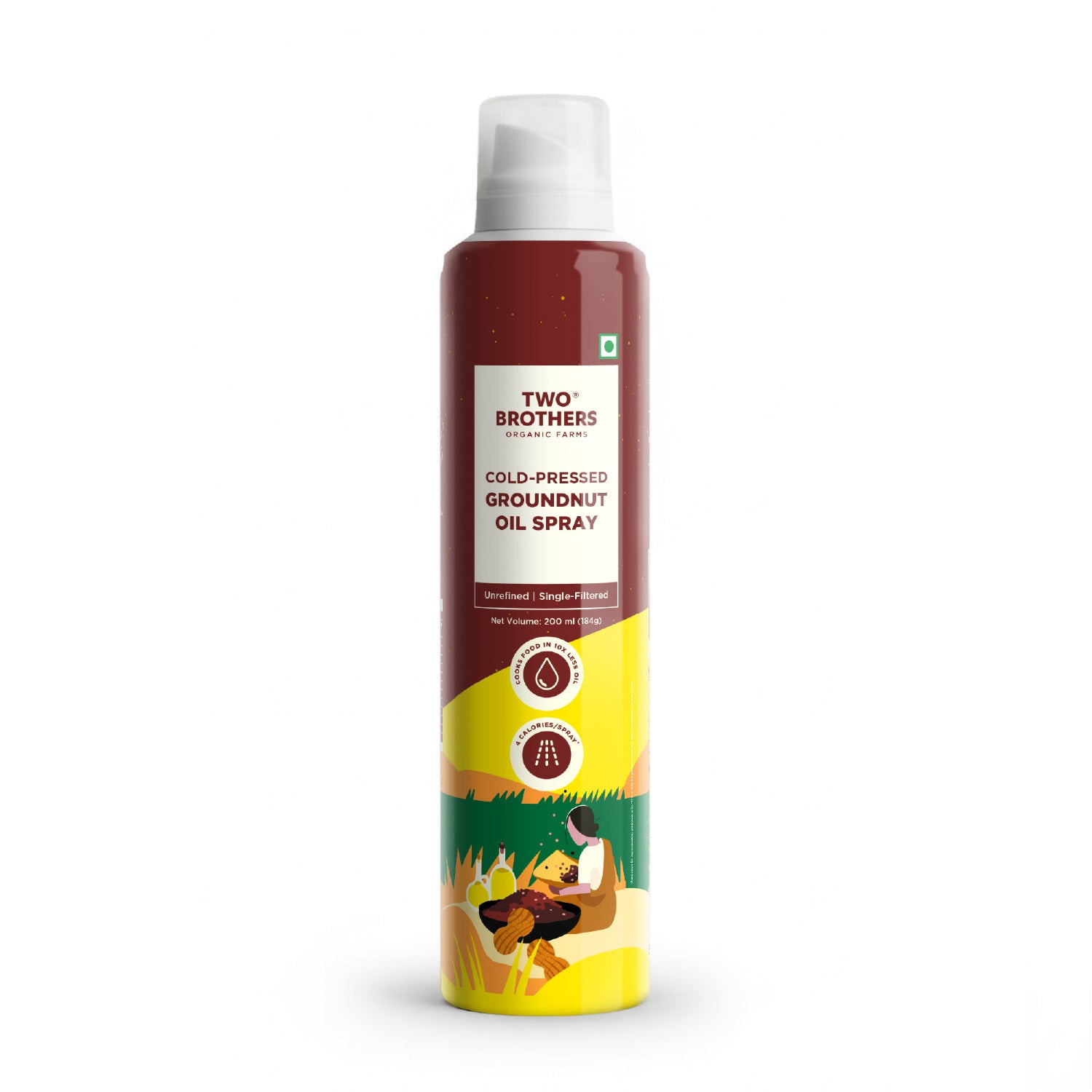 Two Brothers unrefined cold-pressed groundnut oil spray bottle on a white background, designed for low-calorie cooking.