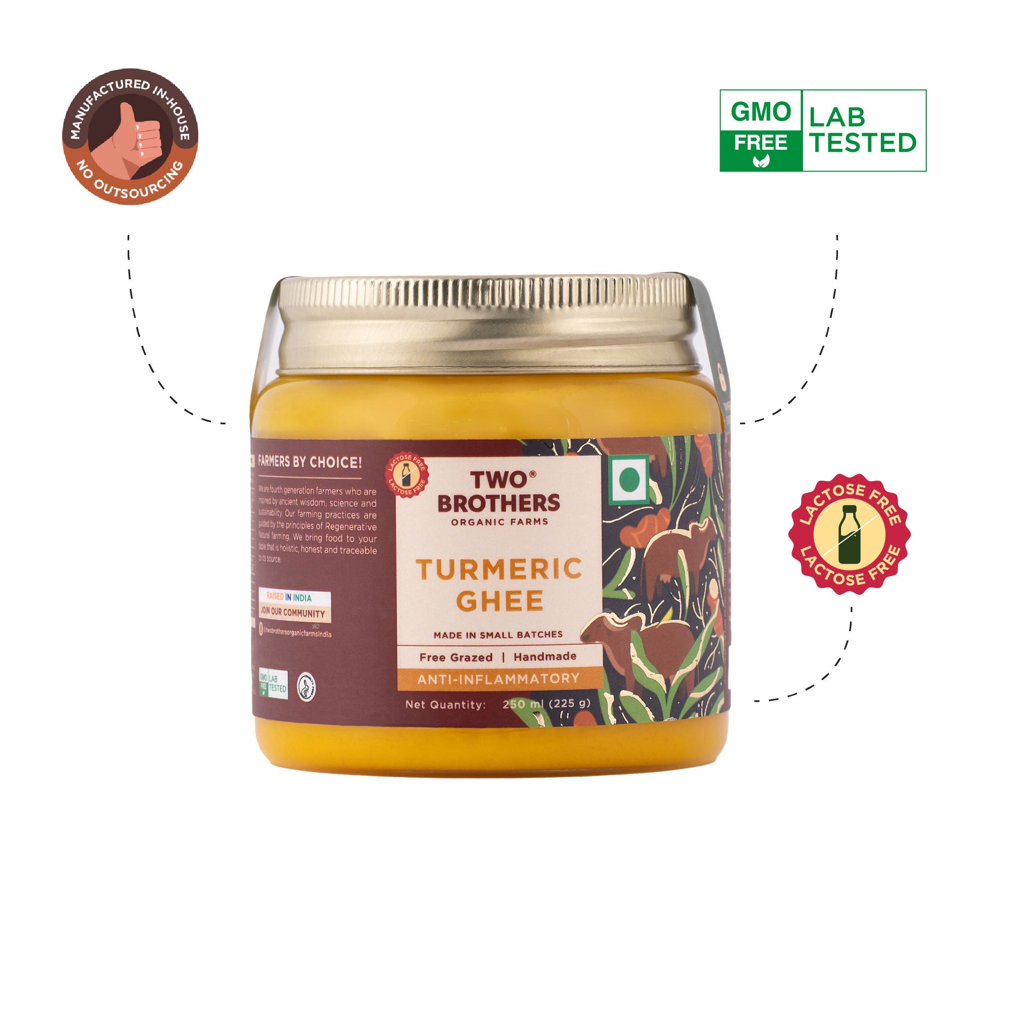 Infographic of Two Brothers Organic Farms Turmeric Ghee showing its GMO-free and lactose-free certifications.