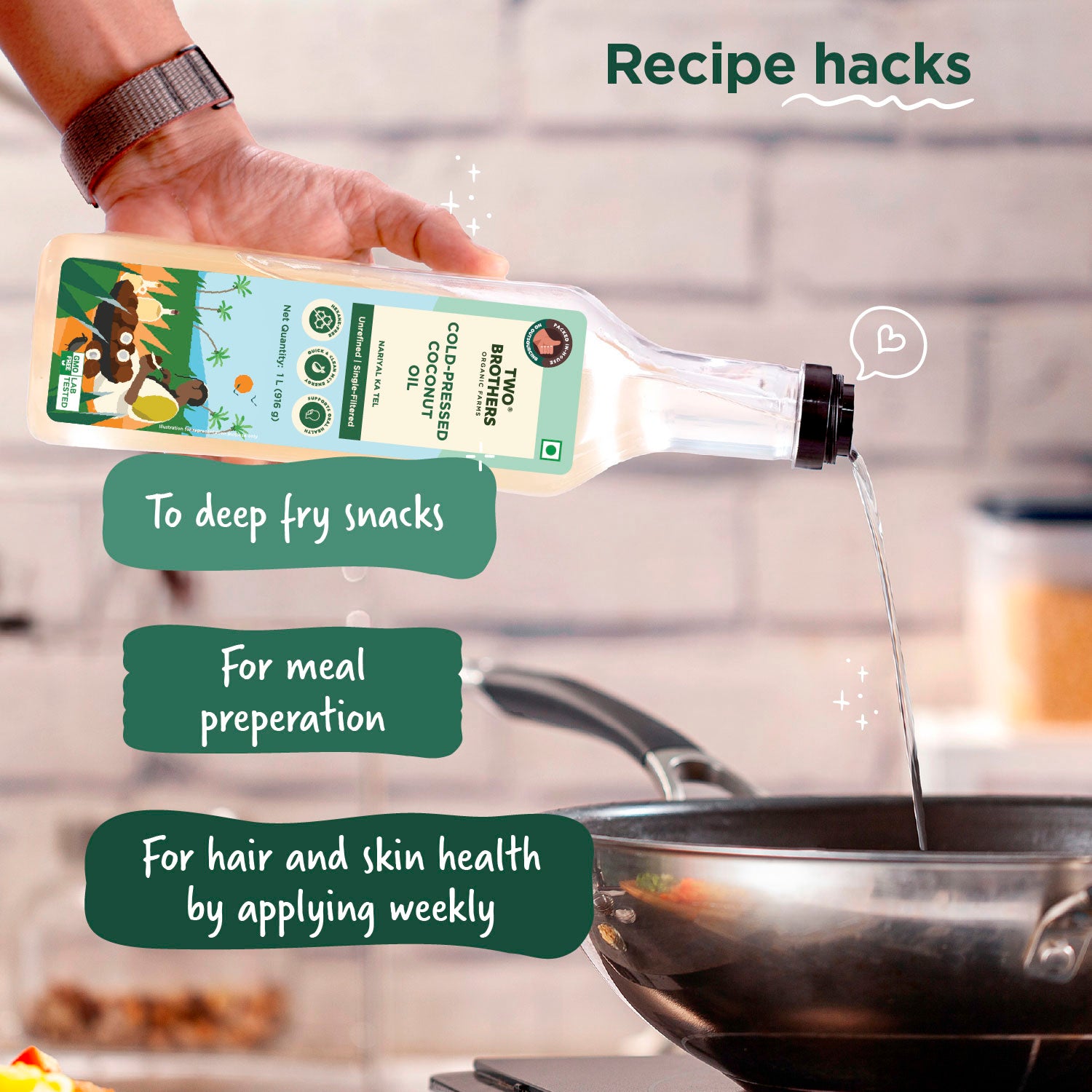 Infographic of Two Brothers cold-pressed coconut oil used for deep frying snacks, meal prep, and weekly hair and skin care.