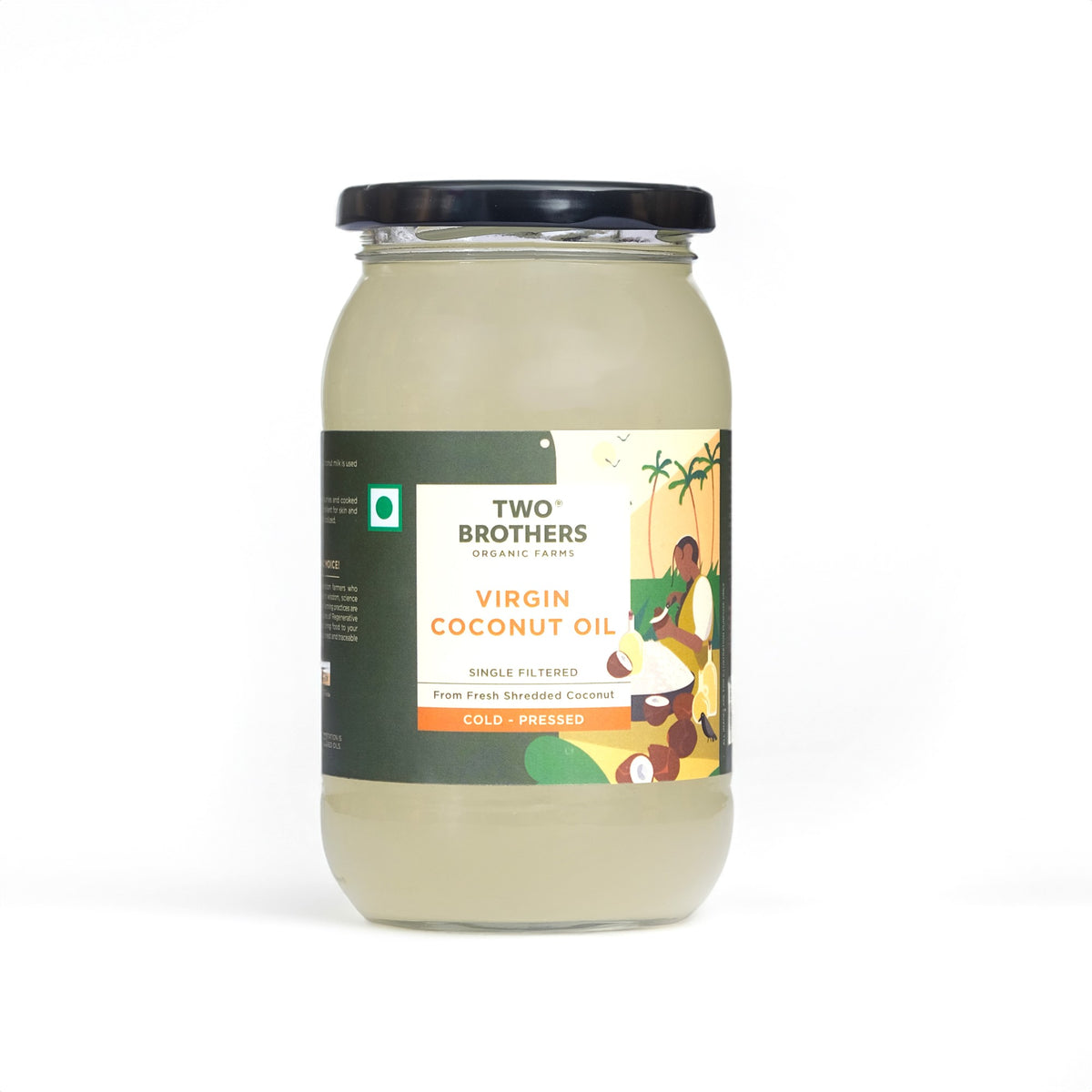 Two Brothers Organic Farms cold-pressed virgin coconut oil jar, single filtered and made from fresh shredded coconut