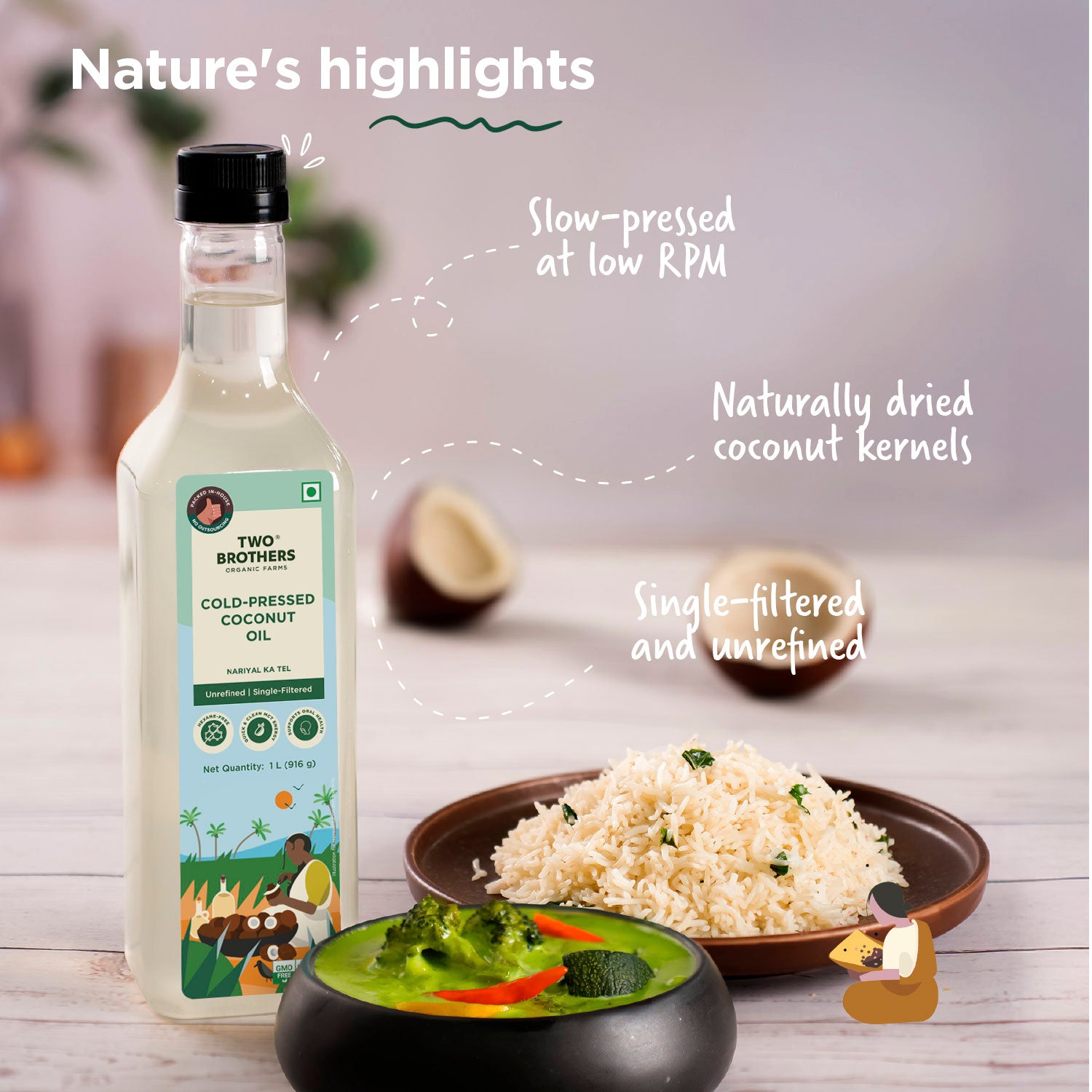 Two Brothers cold-pressed coconut oil bottle styled with a rice dish, highlighting its slow-pressed low RPM extraction.