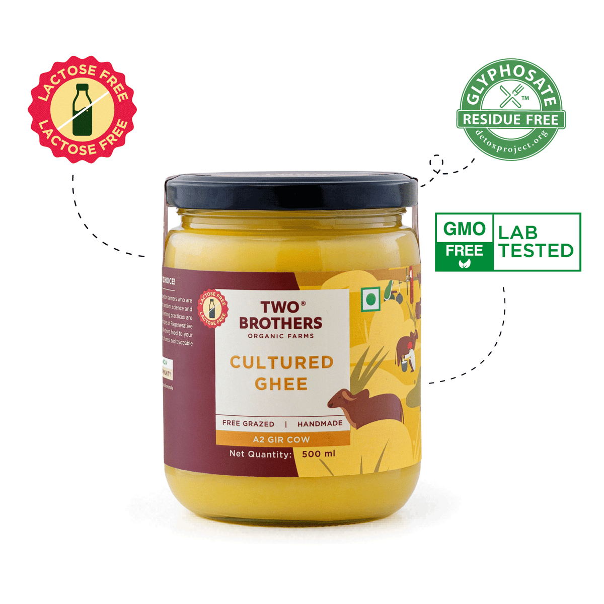 Two Brothers A2 Gir Cow Ghee with Lactose Glyphosate and GMO Free certifications