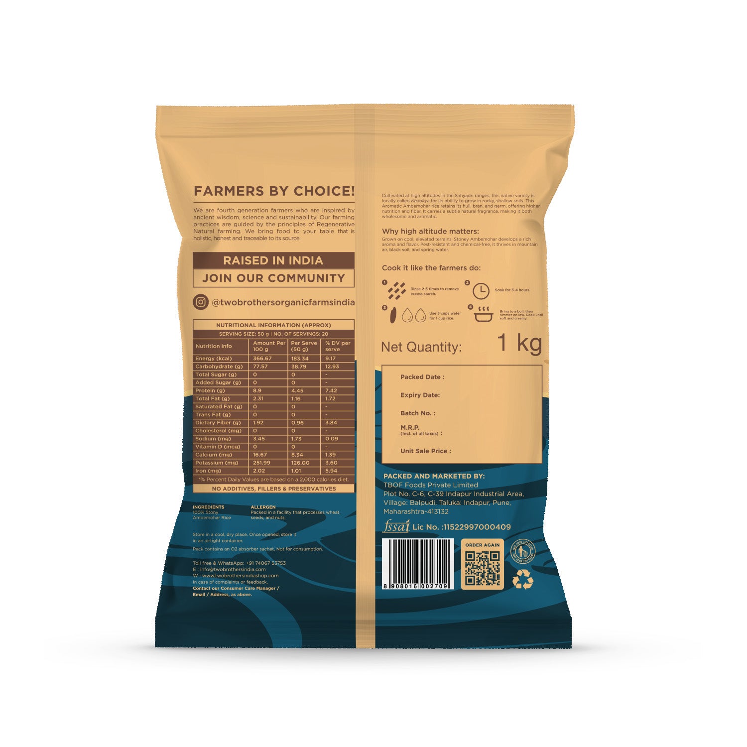 Detailed back packaging of Two Brothers Ambemohar Rice featuring the 'Farmers by Choice' manifesto and an easy cooking instructions guide