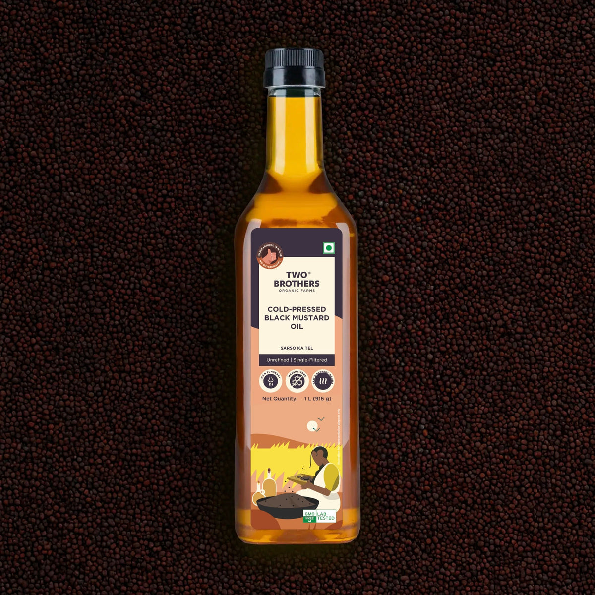 organic unrefined black mustard oil bottle.