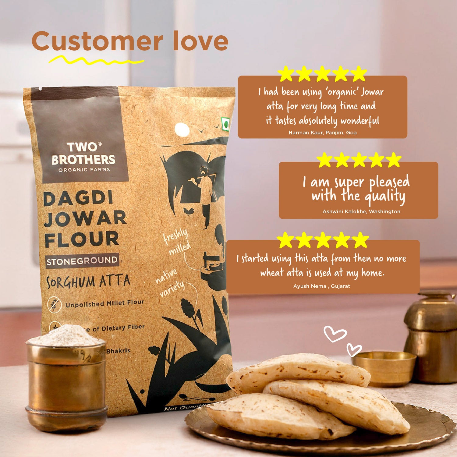 Verified buyer ratings and feedback graphic for Two Brothers Stoneground Dagdi Jowar Millet Flour