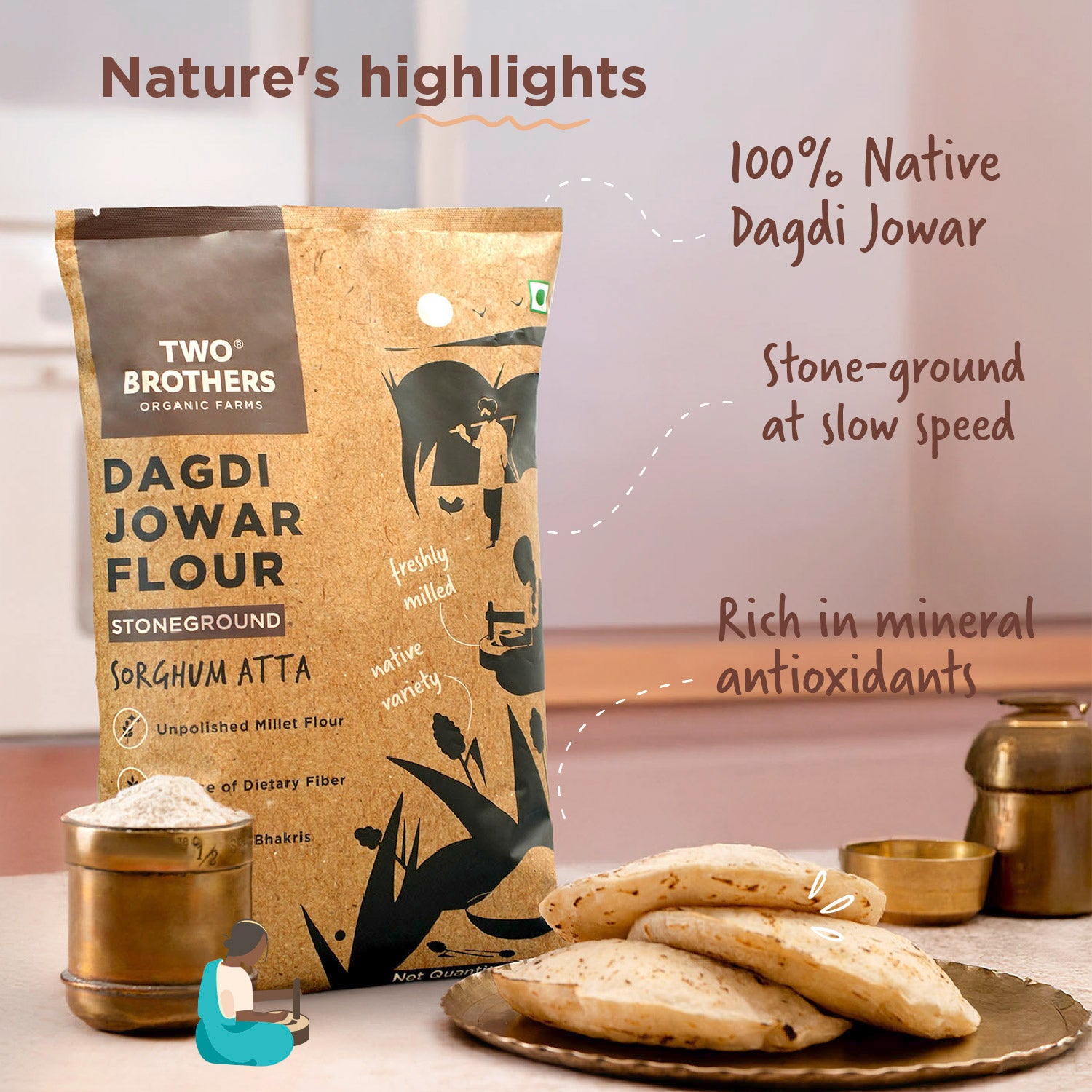 Infographic for Two Brothers Sorghum Atta highlighting native dagdi jowar, slow stone-grinding, and antioxidants
