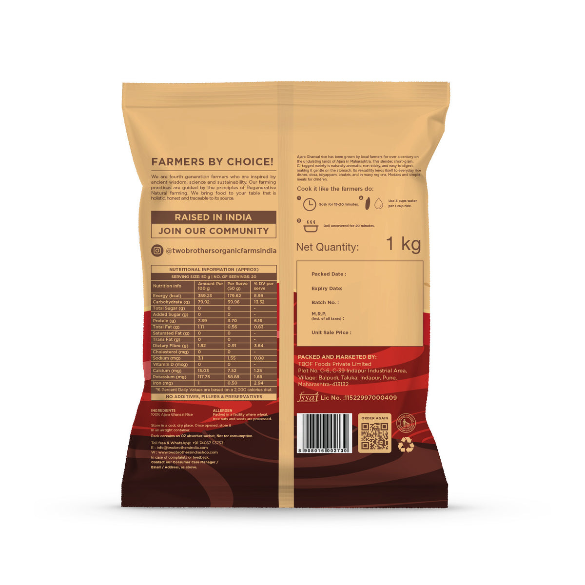 Nutritional facts table and health parameters on the back of Two Brothers Gut-Light Ajara Ghansal Rice packaging.