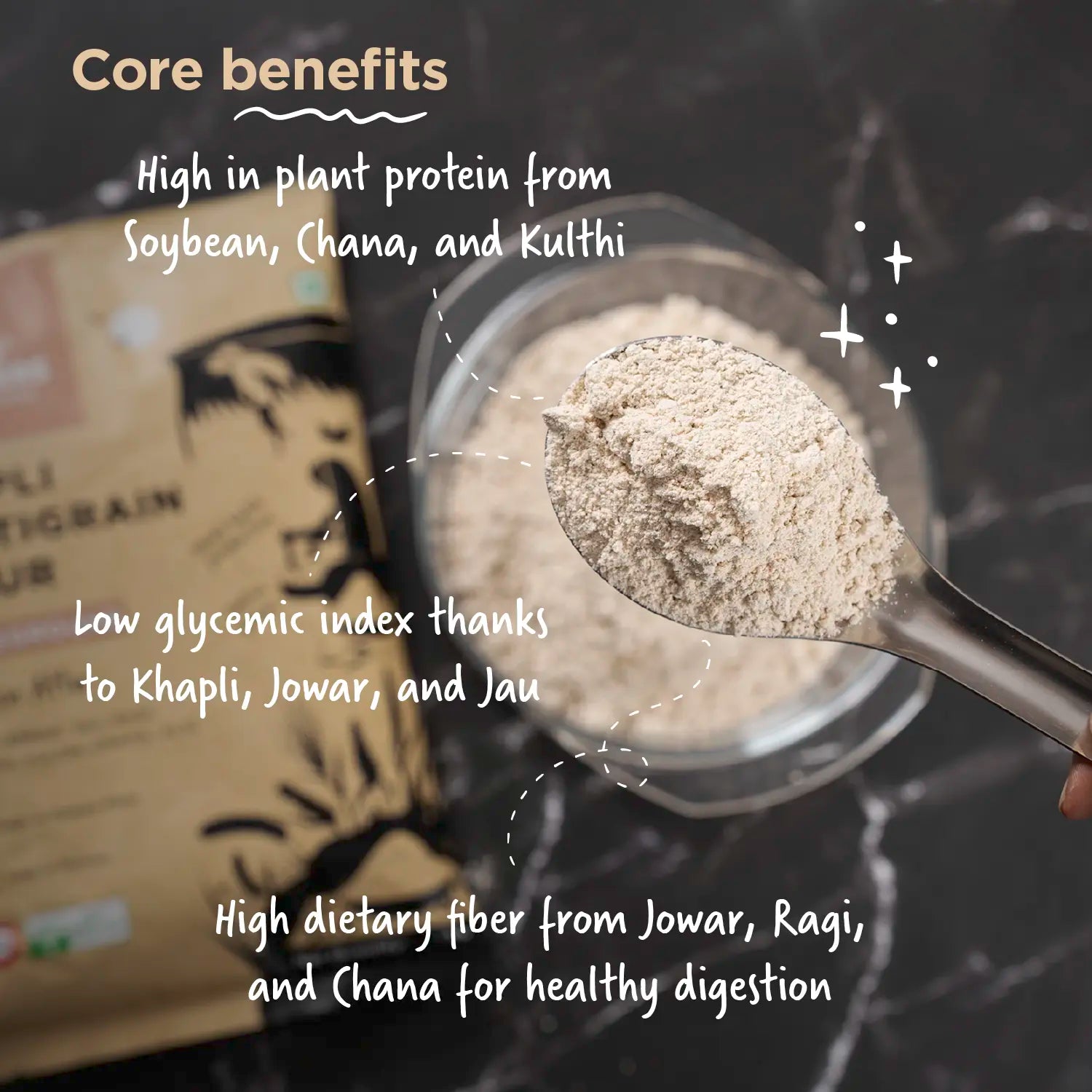 Two Brothers Khapli Multigrain Flour scoop with benefit pointers for Ragi, Jowar, Jau, and Chana grains