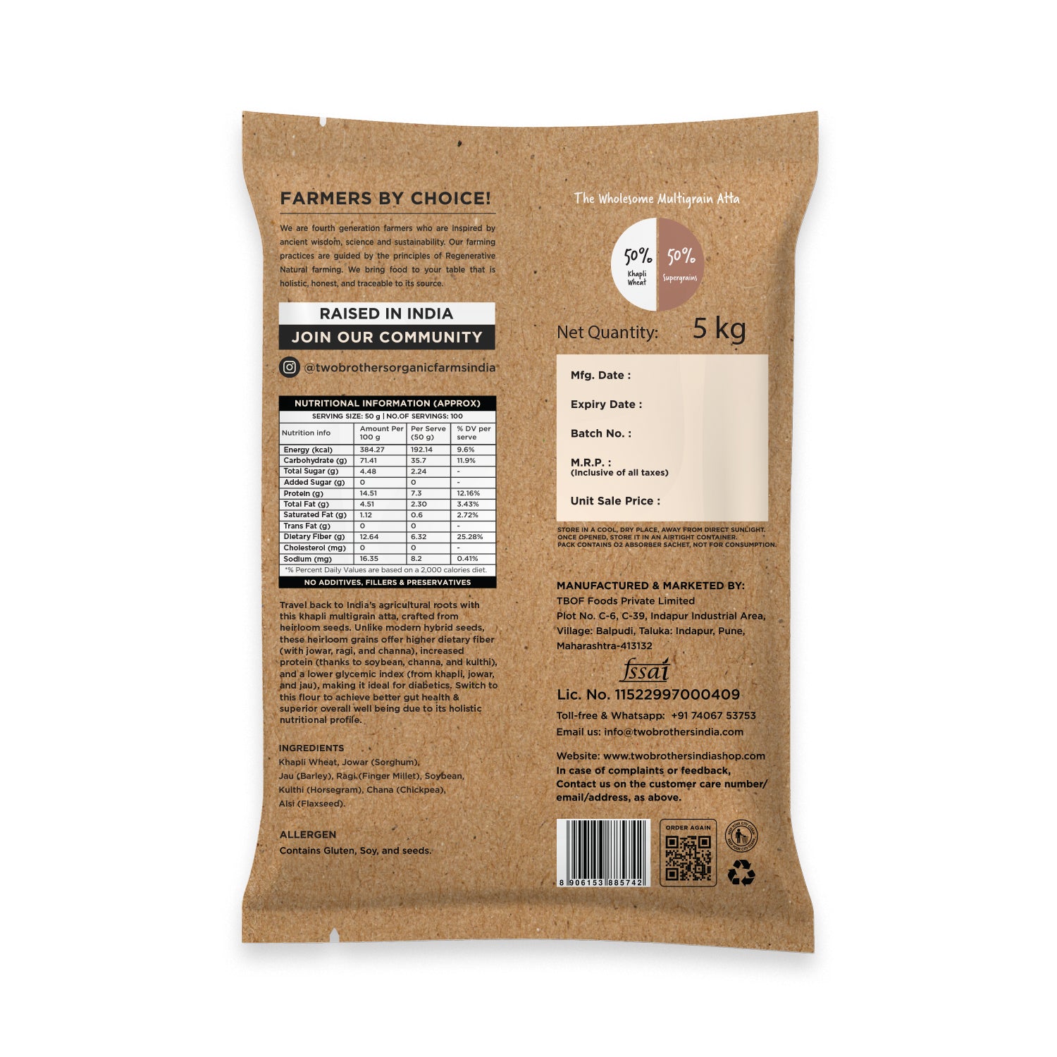 Back label of a 5kg Two Brothers Khapli Multigrain Flour pack showing ingredients and nutrition facts