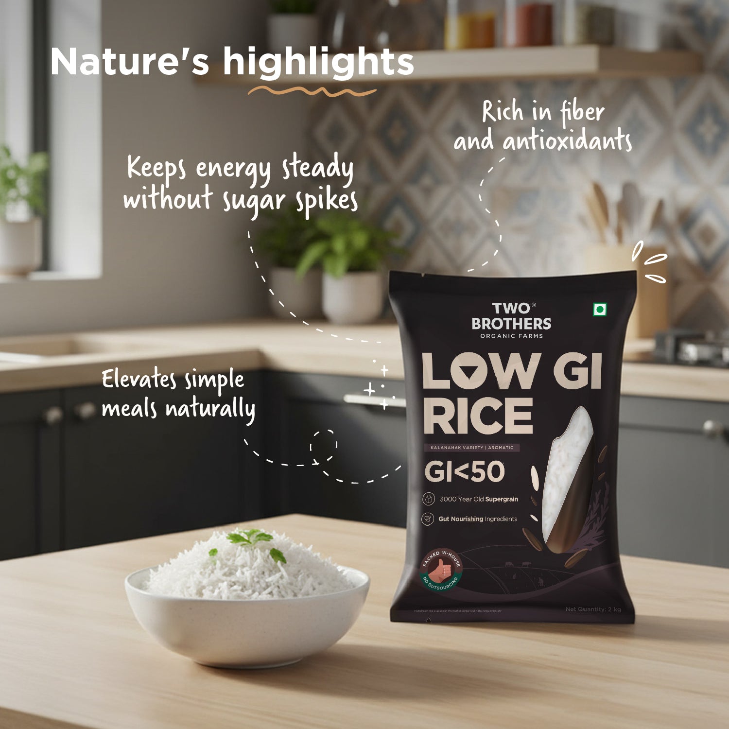 Lifestyle graphic of Two Brothers Low GI Rice showcasing its health benefits: rich in fiber and antioxidants, steady energy, and sugar spike prevention.
