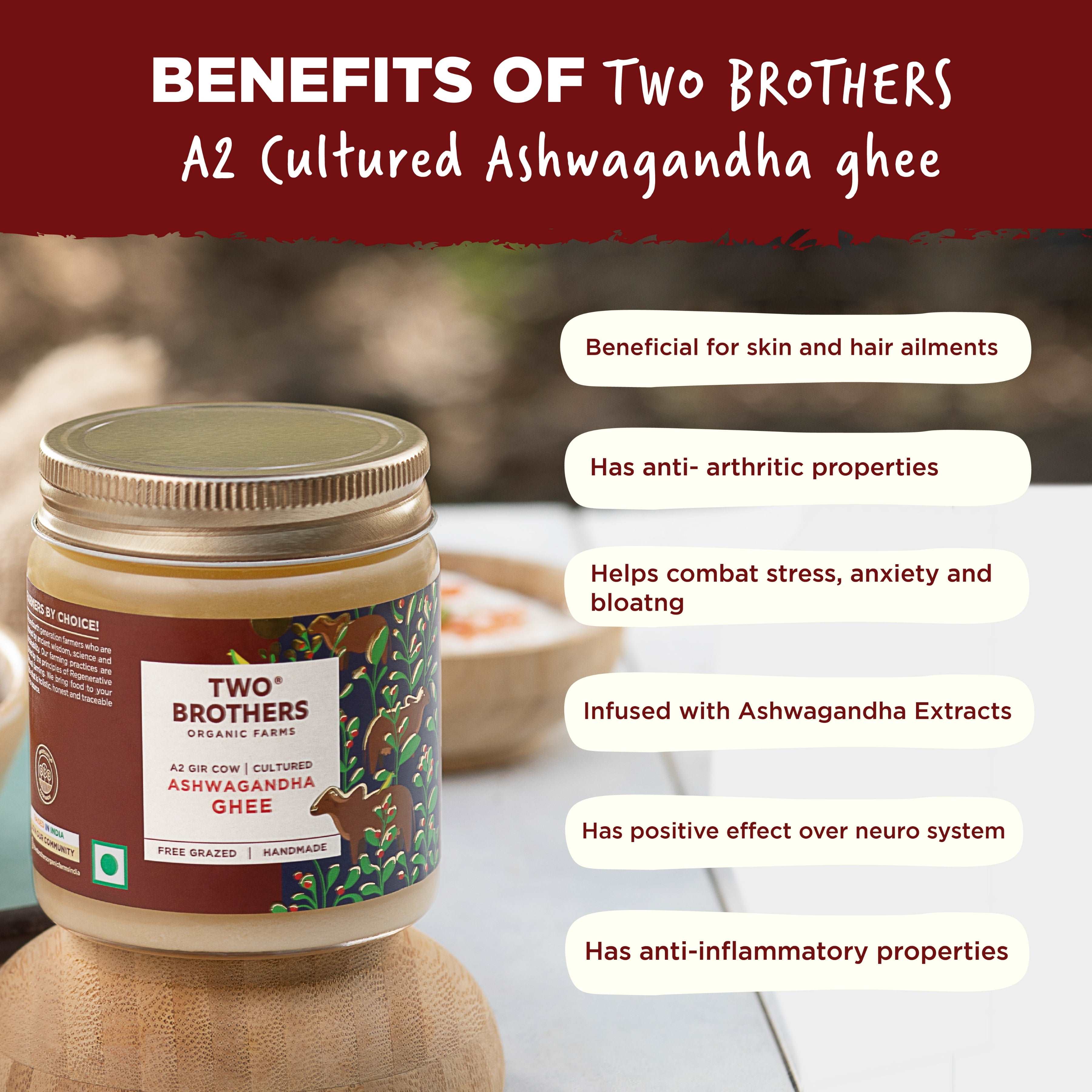 Two Brothers Organic Farms A2 Cultured Ashwagandha Ghee health benefits