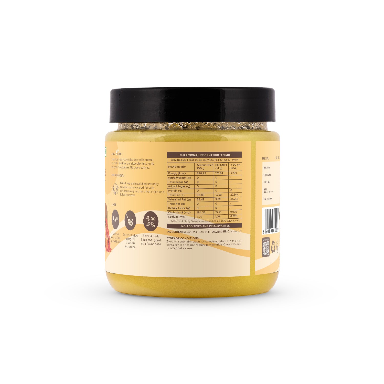 Back label of a 500ml jar of Two Brothers A2 Desi Ghee showing the nutritional facts and ingredient details.