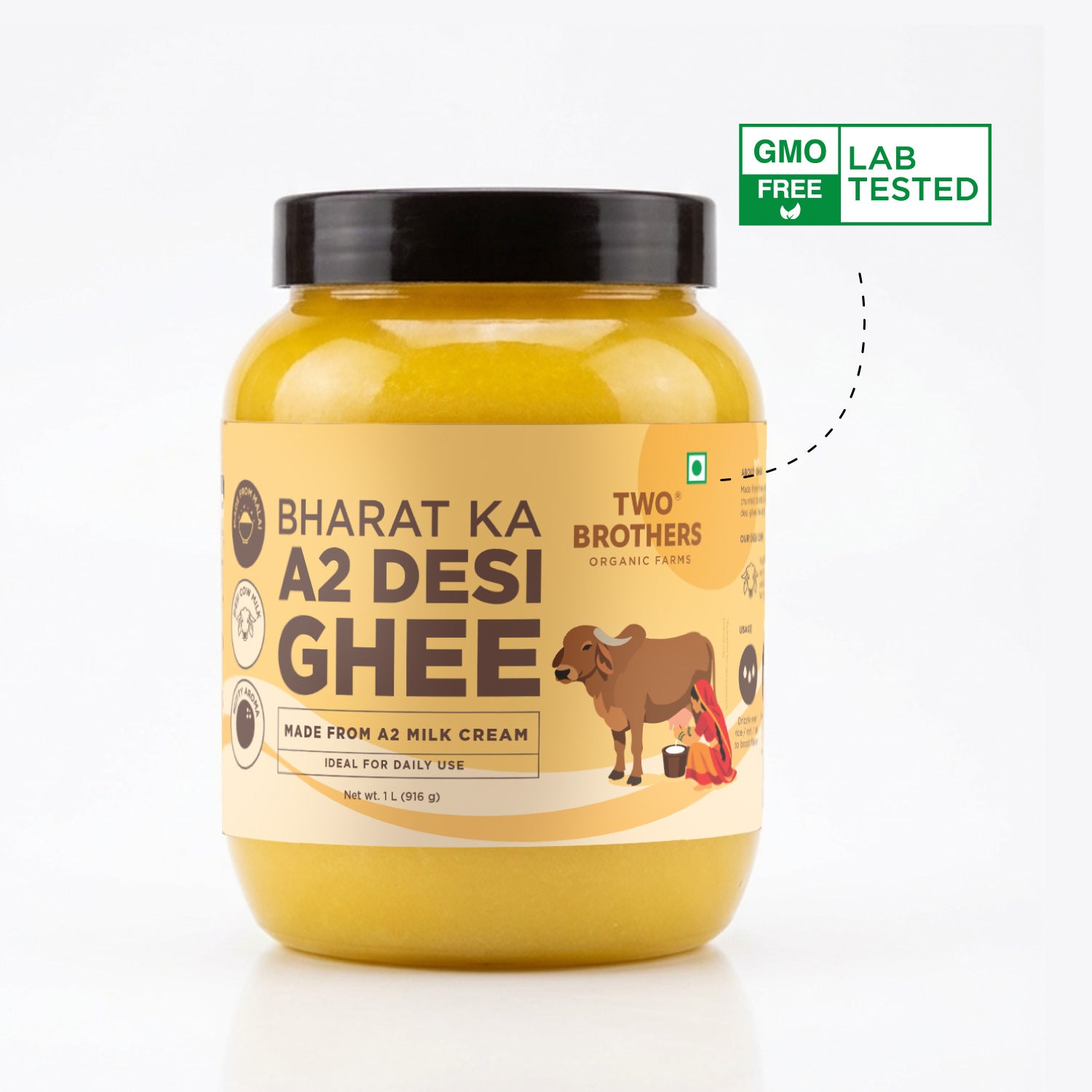 A 1-litre jar of Two Brothers Bharat Ka A2 Desi Ghee highlighting its GMO-free and lab-tested certification
