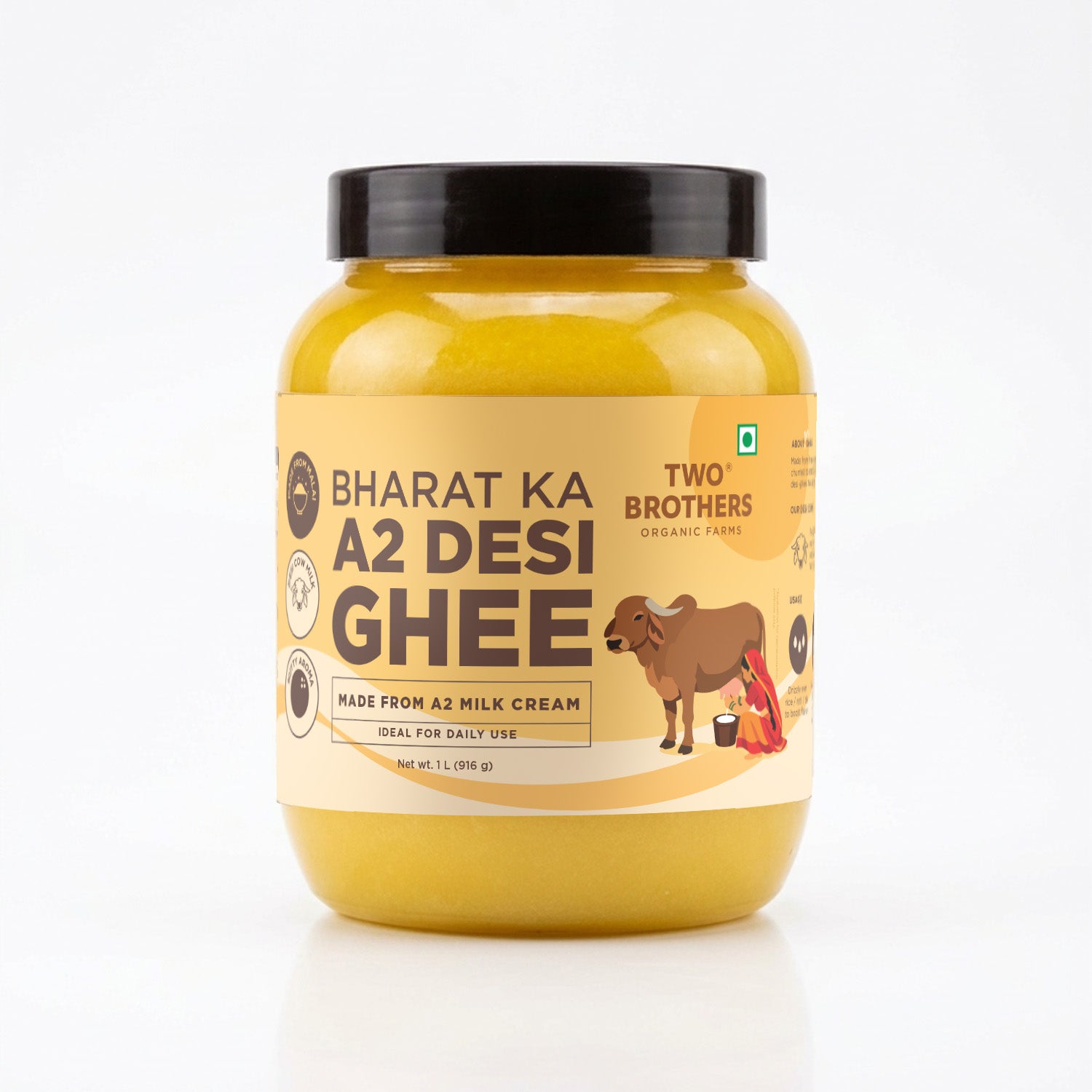 A 1-litre jar of Two Brothers Organic Farms Bharat Ka A2 Desi Ghee made from A2 milk cream for daily use.