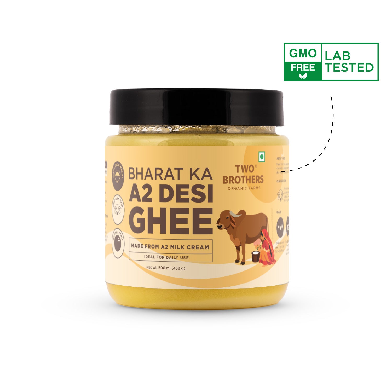A 500ml jar of Two Brothers Bharat Ka A2 Desi Ghee highlighting its GMO-free and lab-tested certification