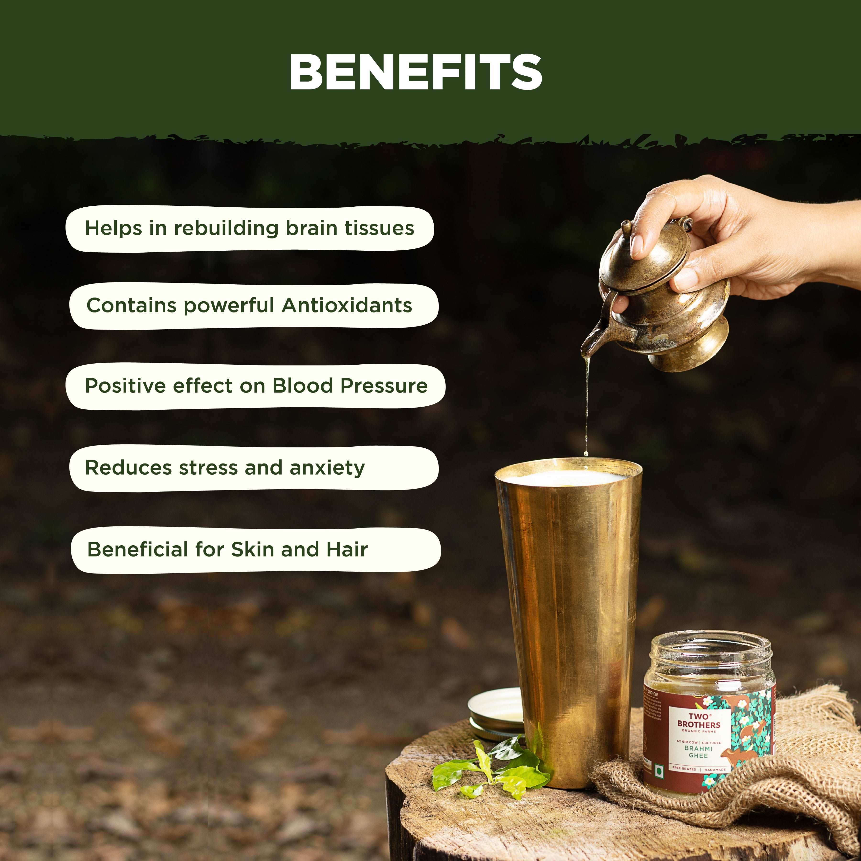 Two Brothers Organic Farms Brahmi Ghee health benefits infographic