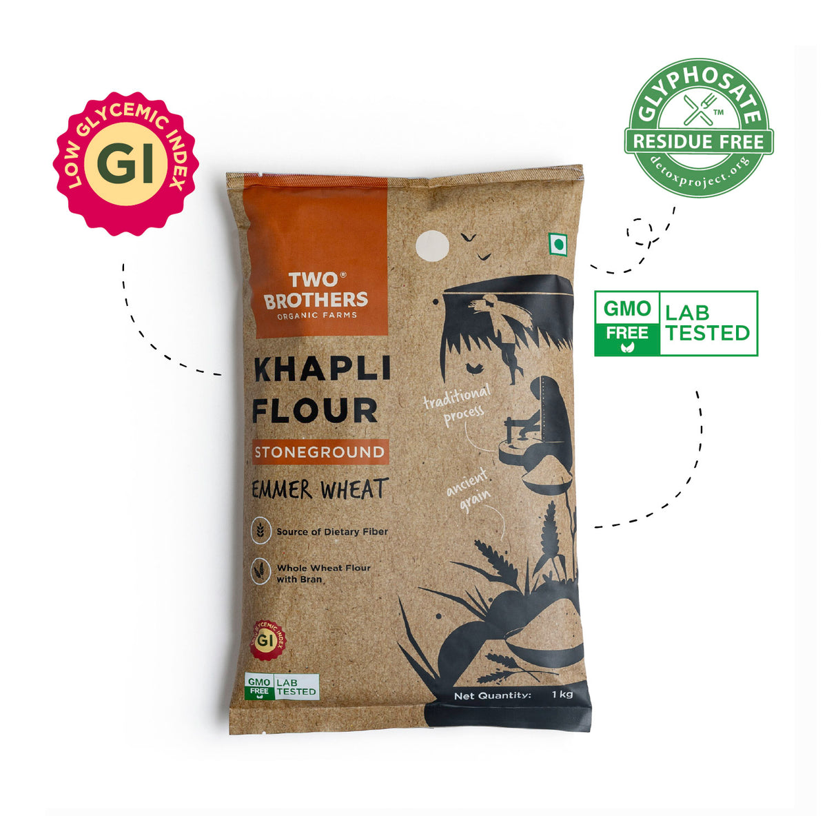 Two Brothers Organic Farms Khapli Atta package showing Low GI, Glyphosate Residue Free, and GMO Free certifications
