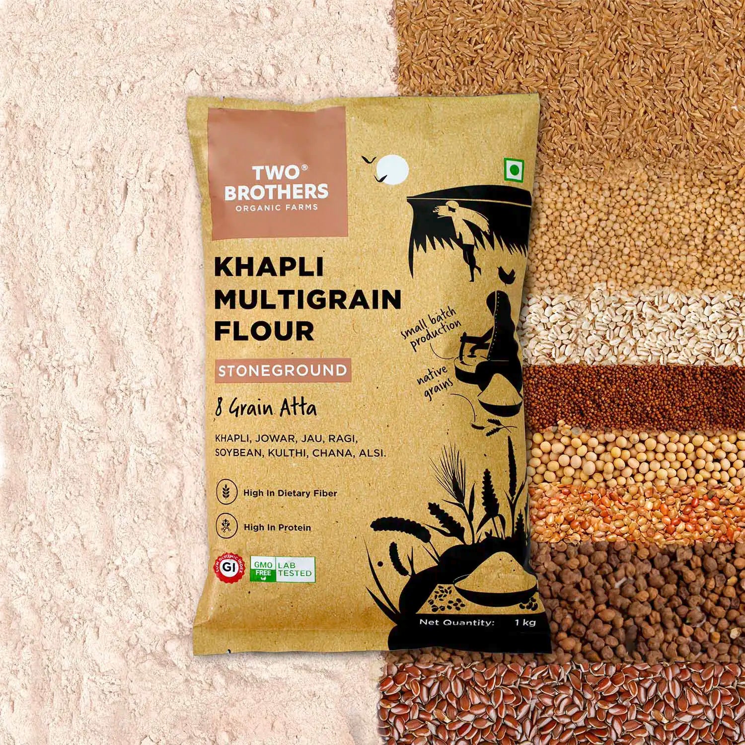 Two Brothers Khapli Multigrain 8 Grain Atta package displayed over ground flour and loose seeds